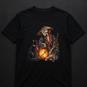 Black Cat Skeleton Lantern Japanese folklore T-shirt on black