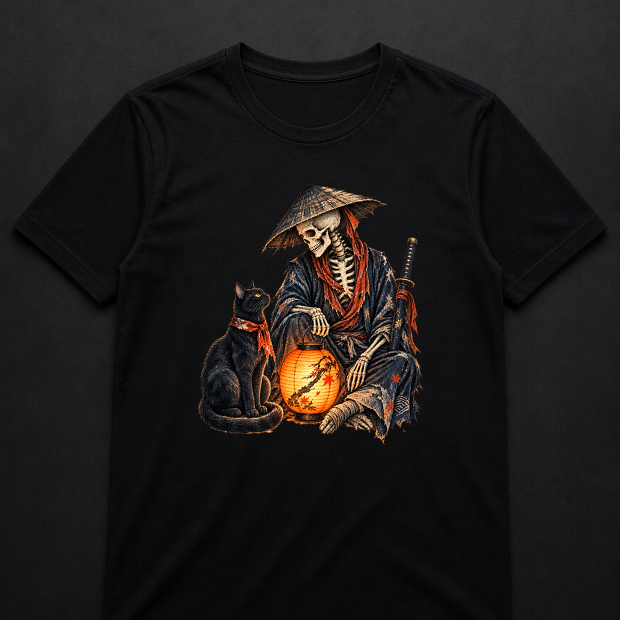Black Cat Skeleton Lantern Japanese folklore T-shirt on black