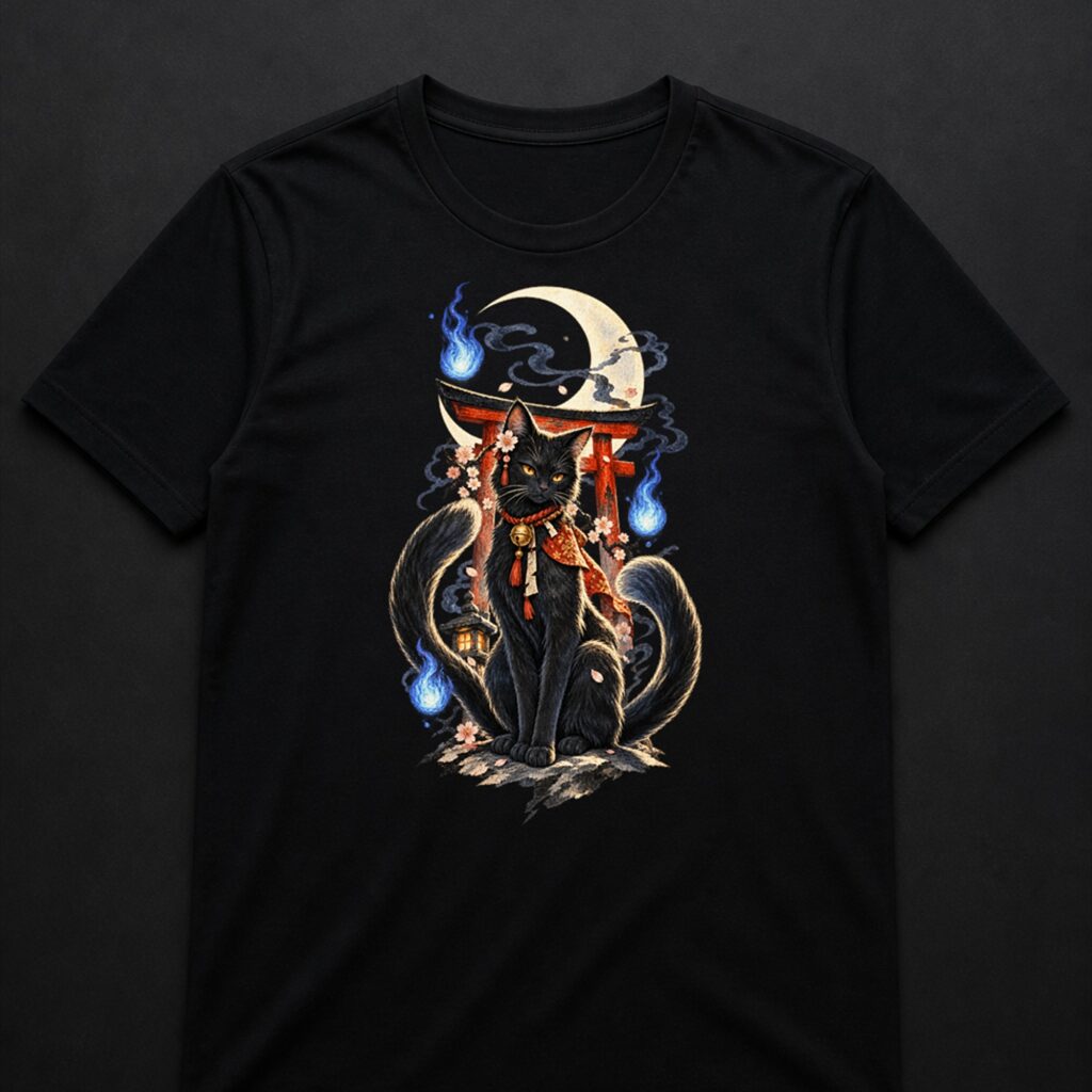 Witchy Nekomata Moon Shrine Japanese yokai cat T-shirt on black