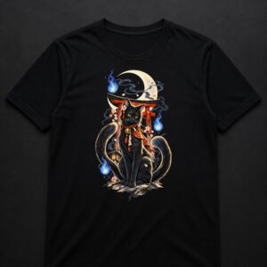Witchy Nekomata Moon Shrine Japanese yokai cat T-shirt on black