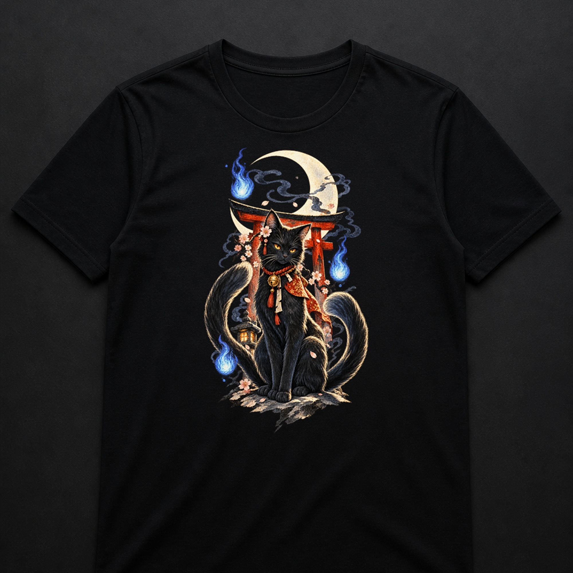 Witchy Nekomata Moon Shrine Japanese yokai cat T-shirt on black