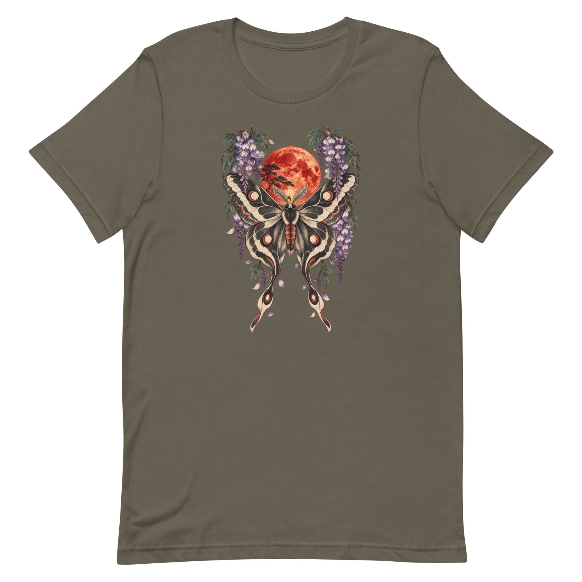 Japanese Moth Red Moon Wisteria Ukiyo-e Art T-Shirt - Image 2