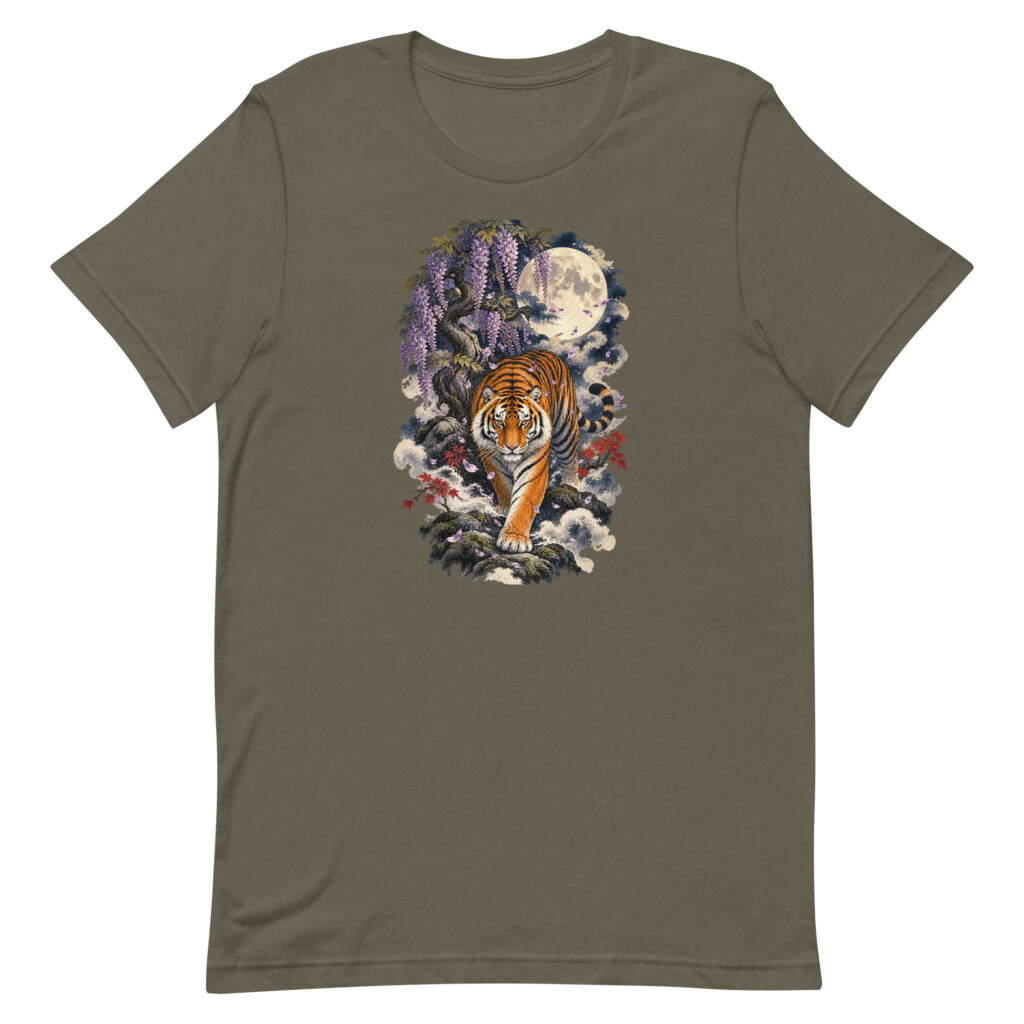 Japanese Tiger Wisteria Full Moon Art, Japanese Art Tee, Mythology Gift