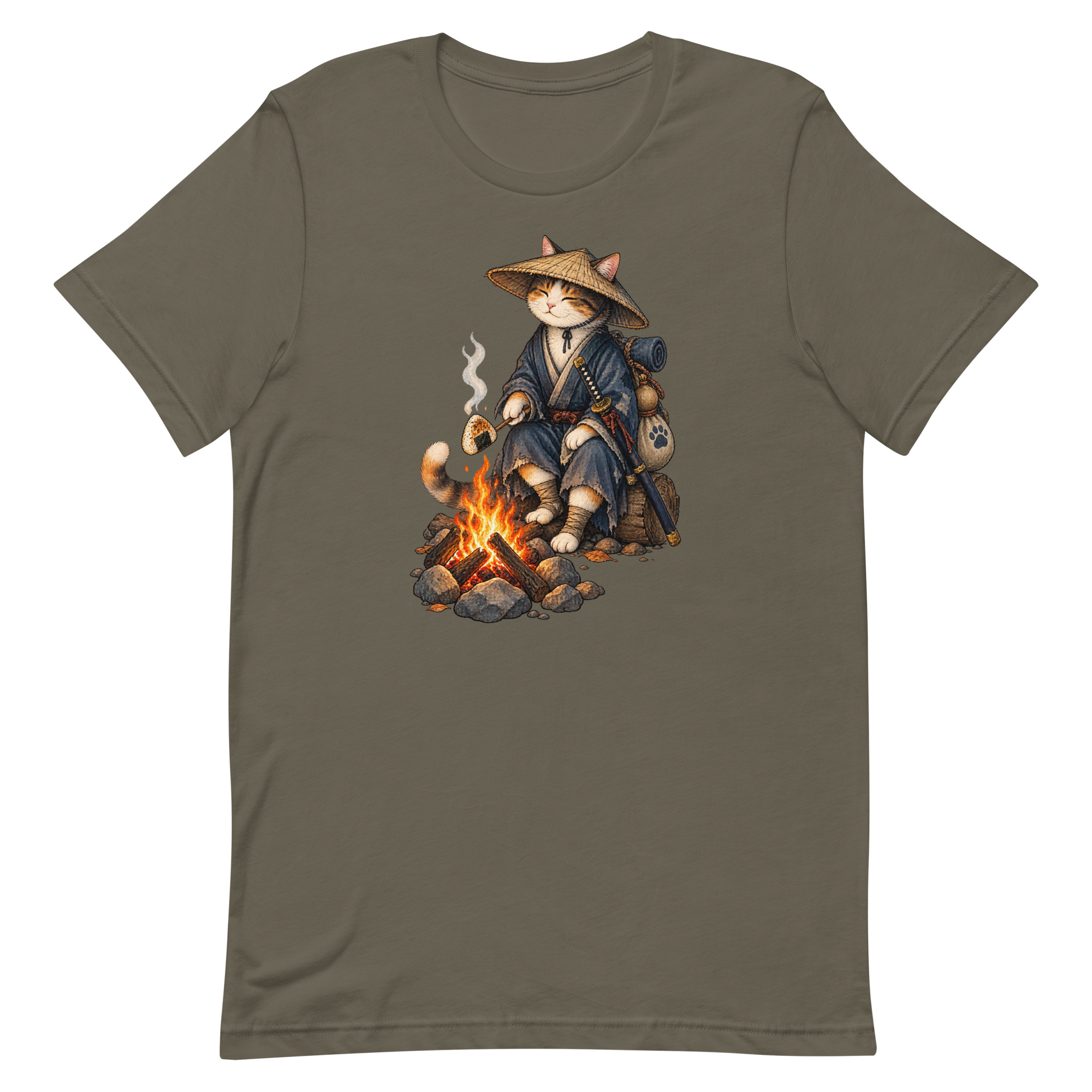 Samurai Cat Onigiri Campfire Japanese Art, Japanese Art Tee, Mythology Gift - Image 2