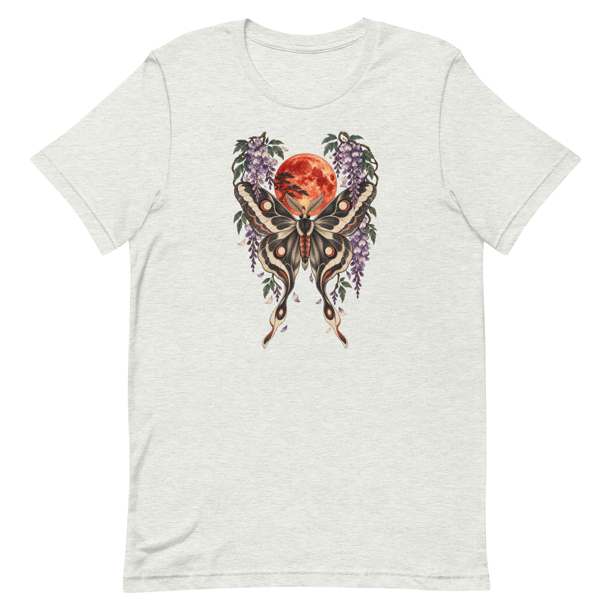Japanese Moth Red Moon Wisteria Ukiyo-e Art T-Shirt - Image 3