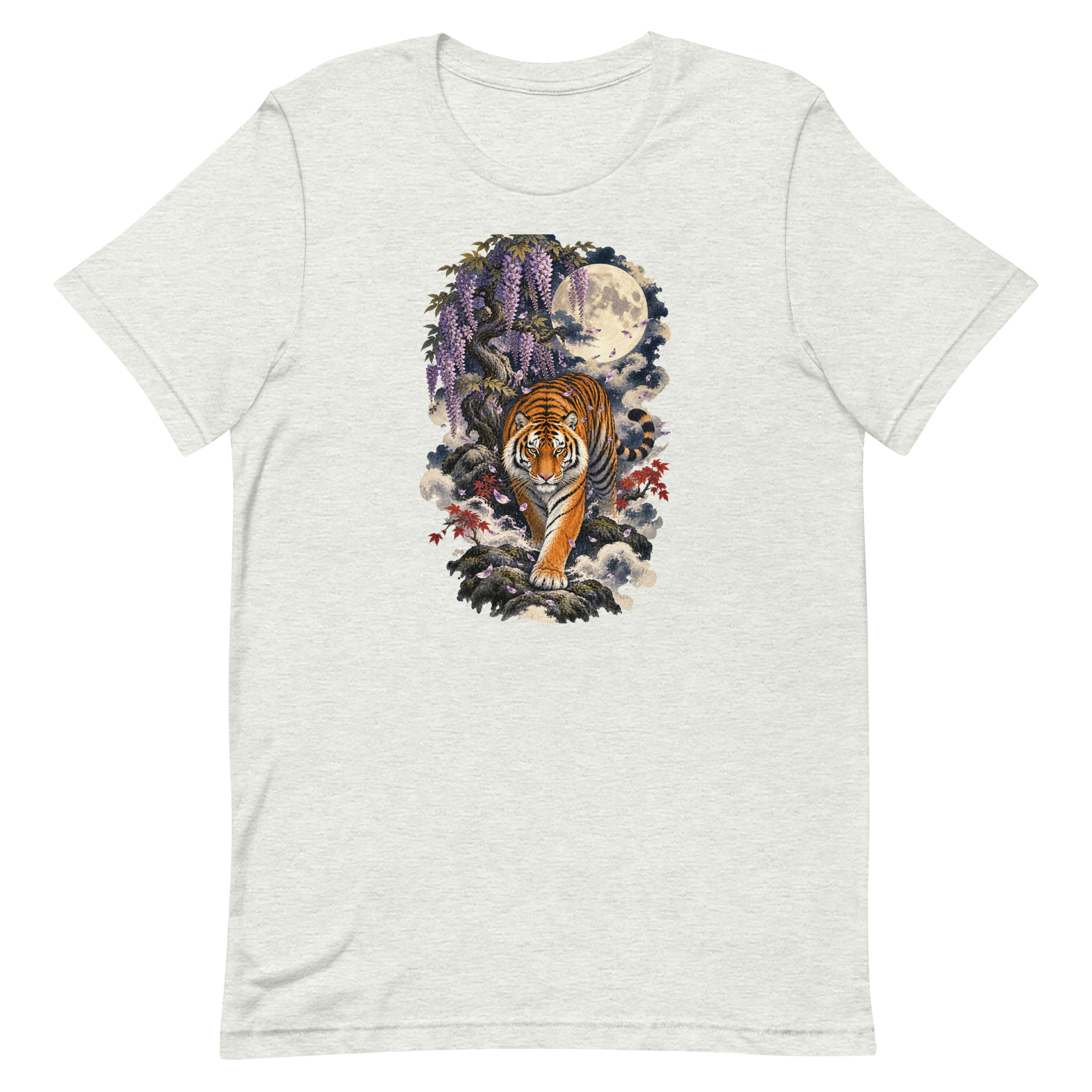 Japanese Tiger Wisteria Full Moon Art, Japanese Art Tee, Mythology Gift - Image 2