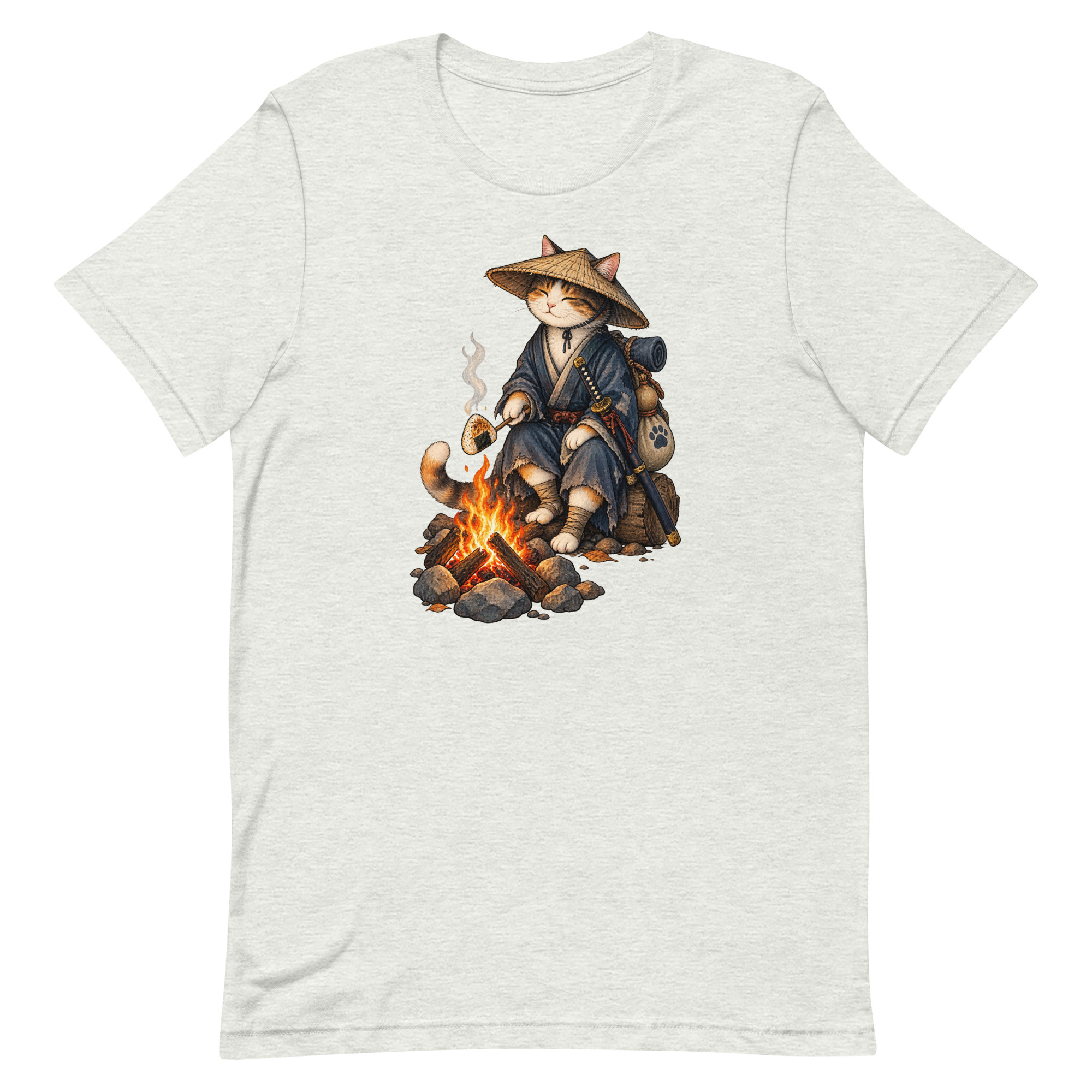 Samurai Cat Onigiri Campfire Japanese Art, Japanese Art Tee, Mythology Gift - Image 3