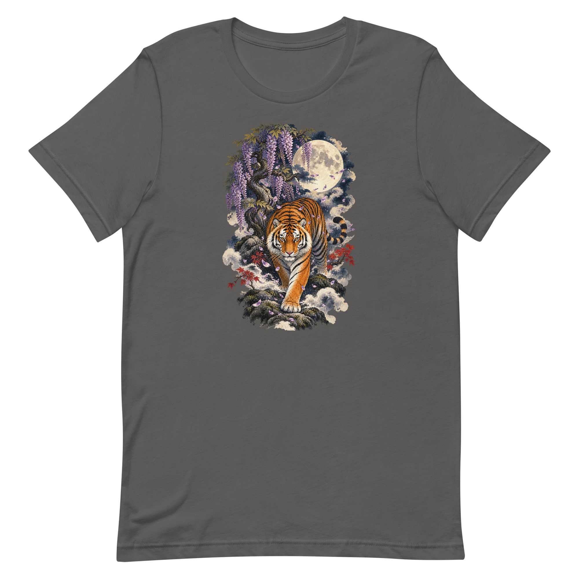 Japanese Tiger Wisteria Full Moon Art, Japanese Art Tee, Mythology Gift - Image 3