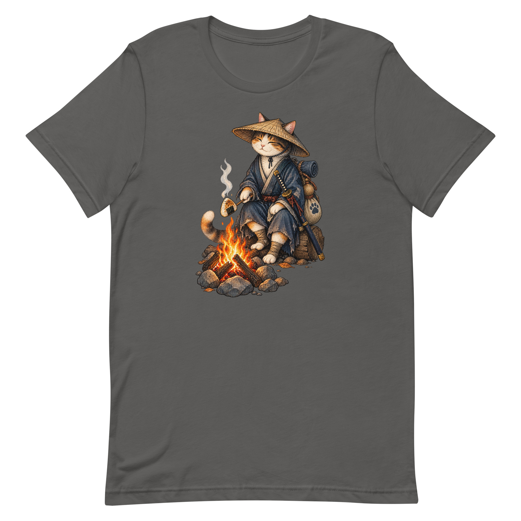 Samurai Cat Onigiri Campfire Japanese Art, Japanese Art Tee, Mythology Gift - Image 4