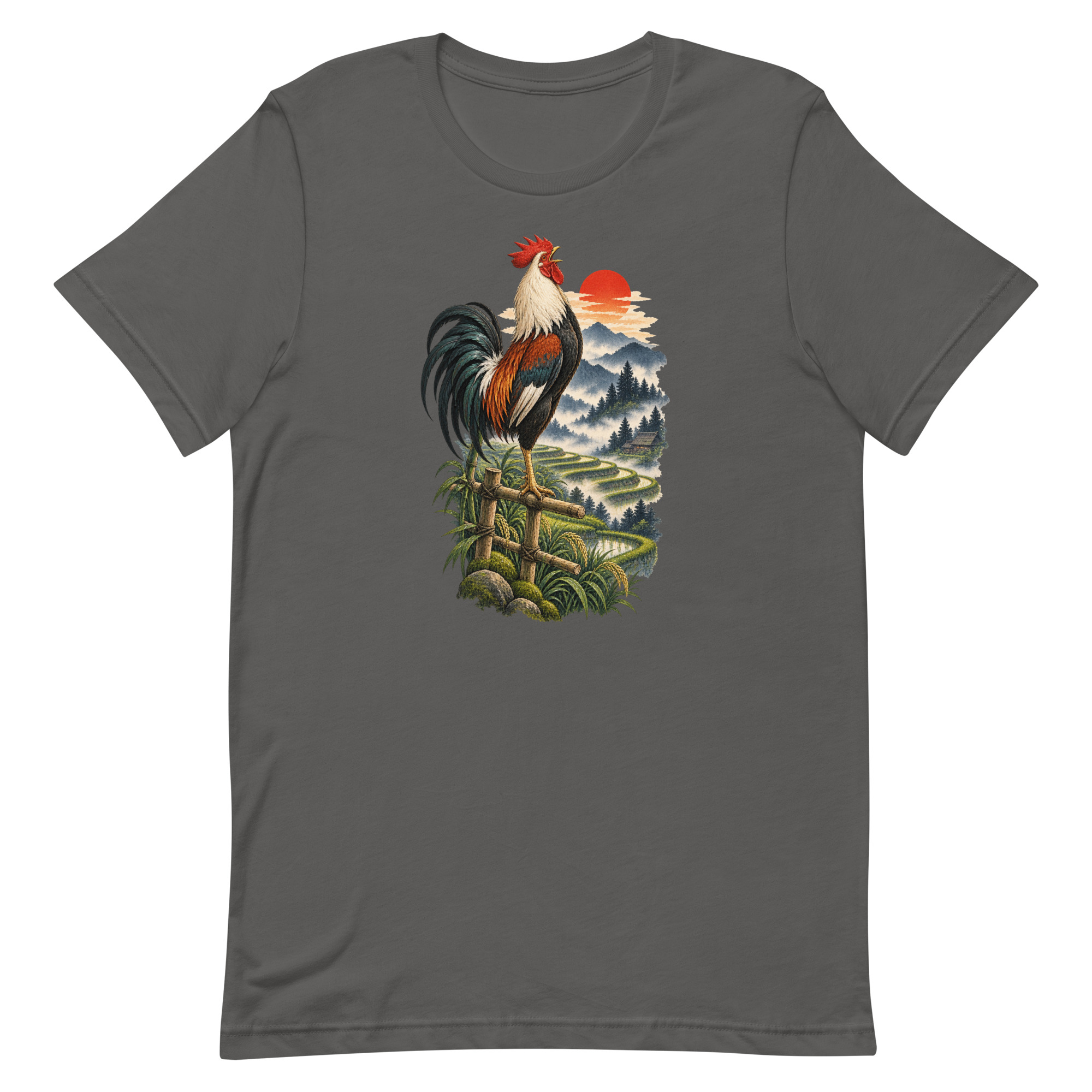 Japanese Rooster Rice Terrace Sunrise Art, Japanese Art Tee, Mythology Gift - Image 2