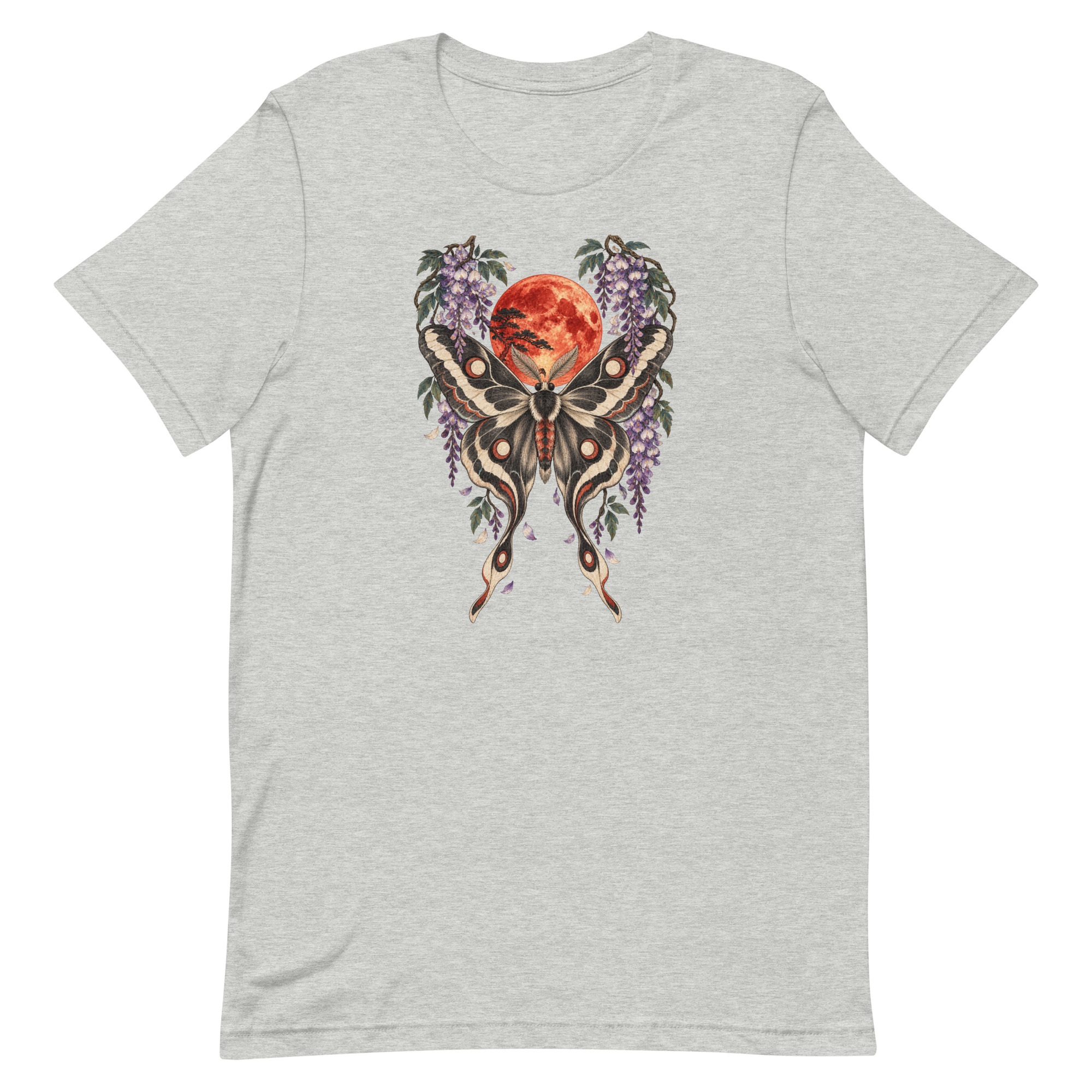 Japanese Moth Red Moon Wisteria Ukiyo-e Art T-Shirt - Image 5