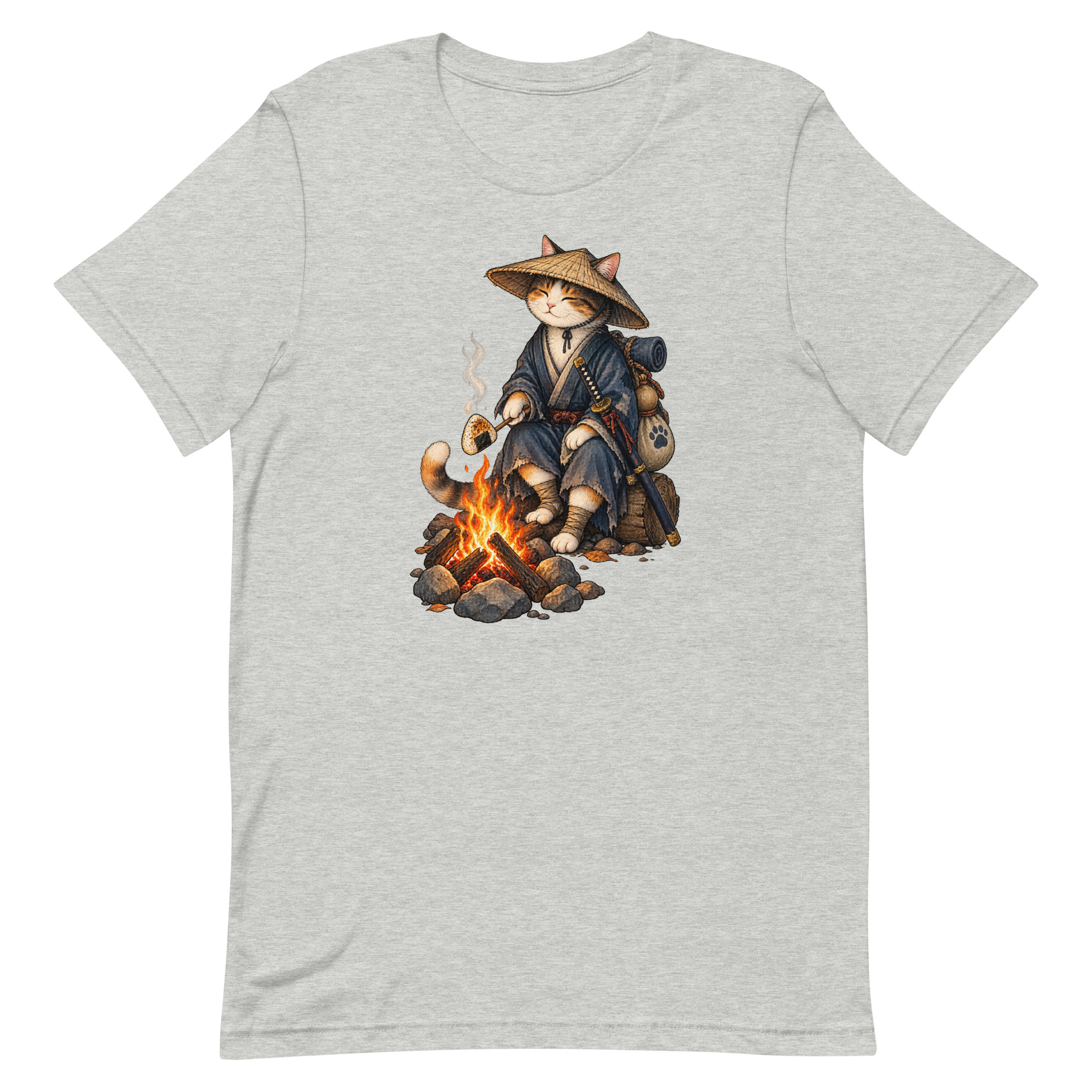 Samurai Cat Onigiri Campfire Japanese Art, Japanese Art Tee, Mythology Gift - Image 5