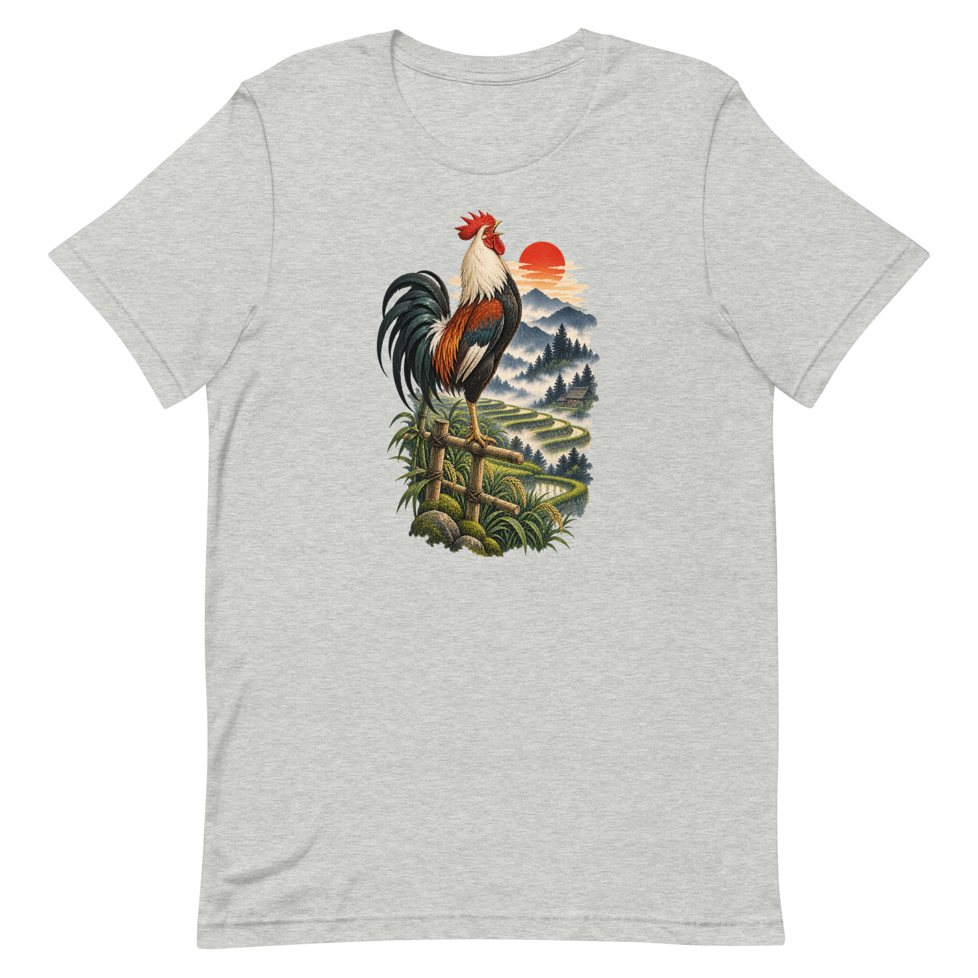 Japanese Rooster Rice Terrace Sunrise Art, Japanese Art Tee, Mythology Gift - Image 3