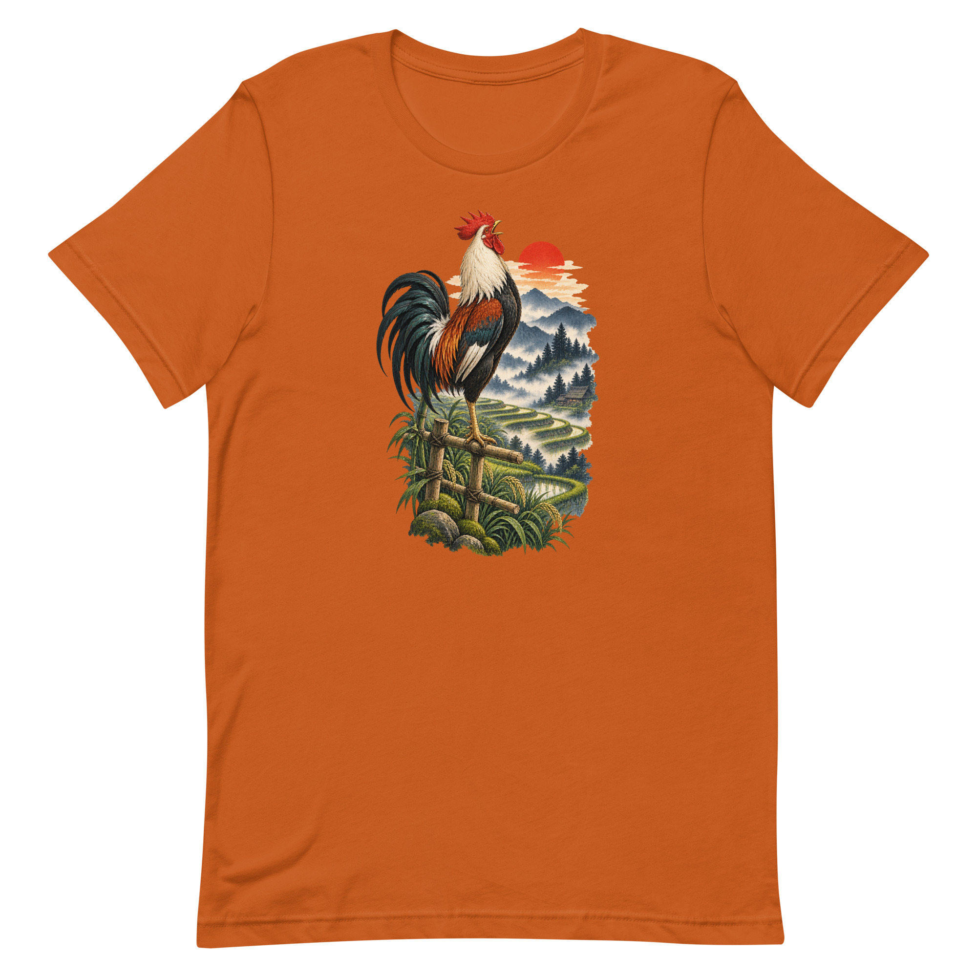 Japanese Rooster Rice Terrace Sunrise Art, Japanese Art Tee, Mythology Gift - Image 4