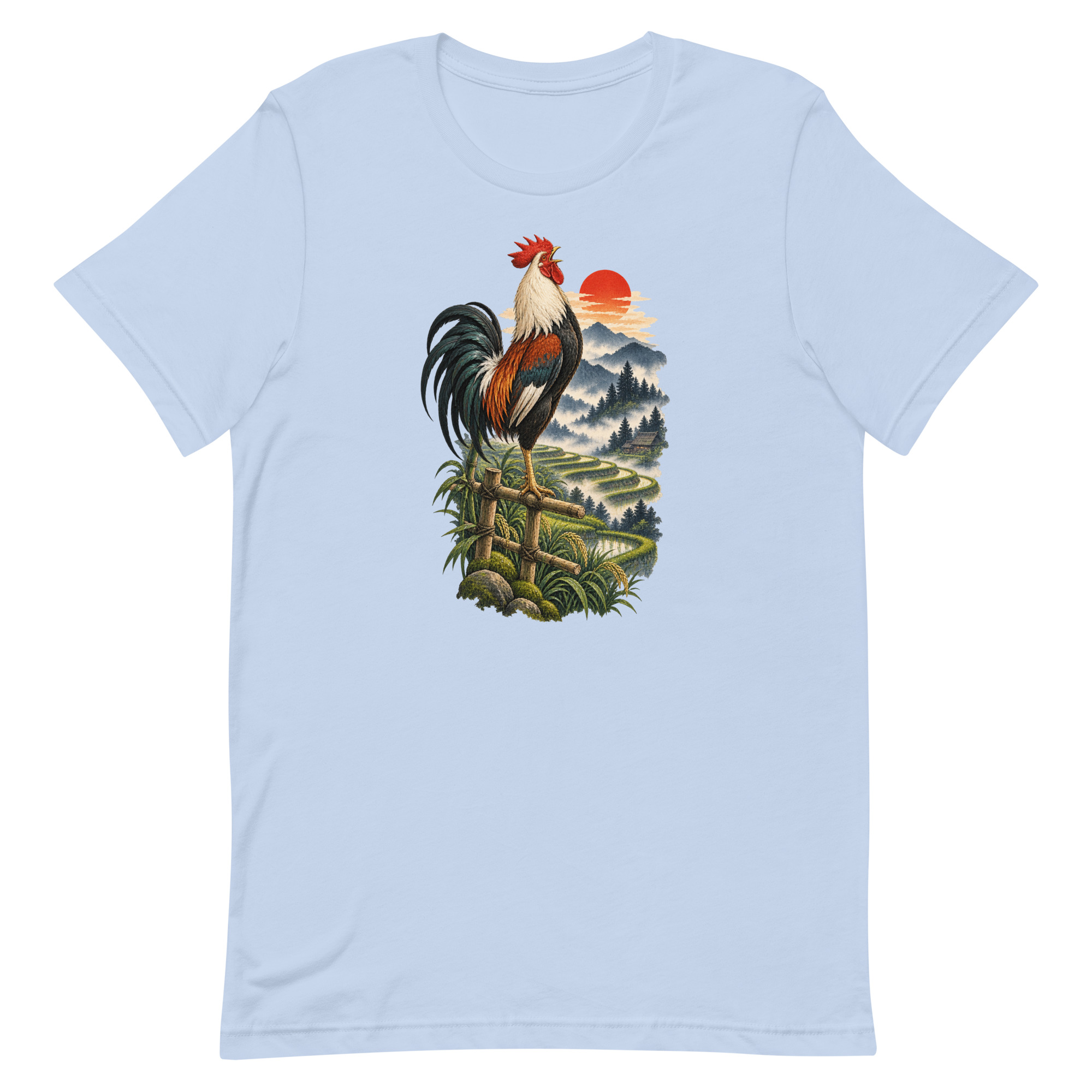 Japanese Rooster Rice Terrace Sunrise Art, Japanese Art Tee, Mythology Gift - Image 5