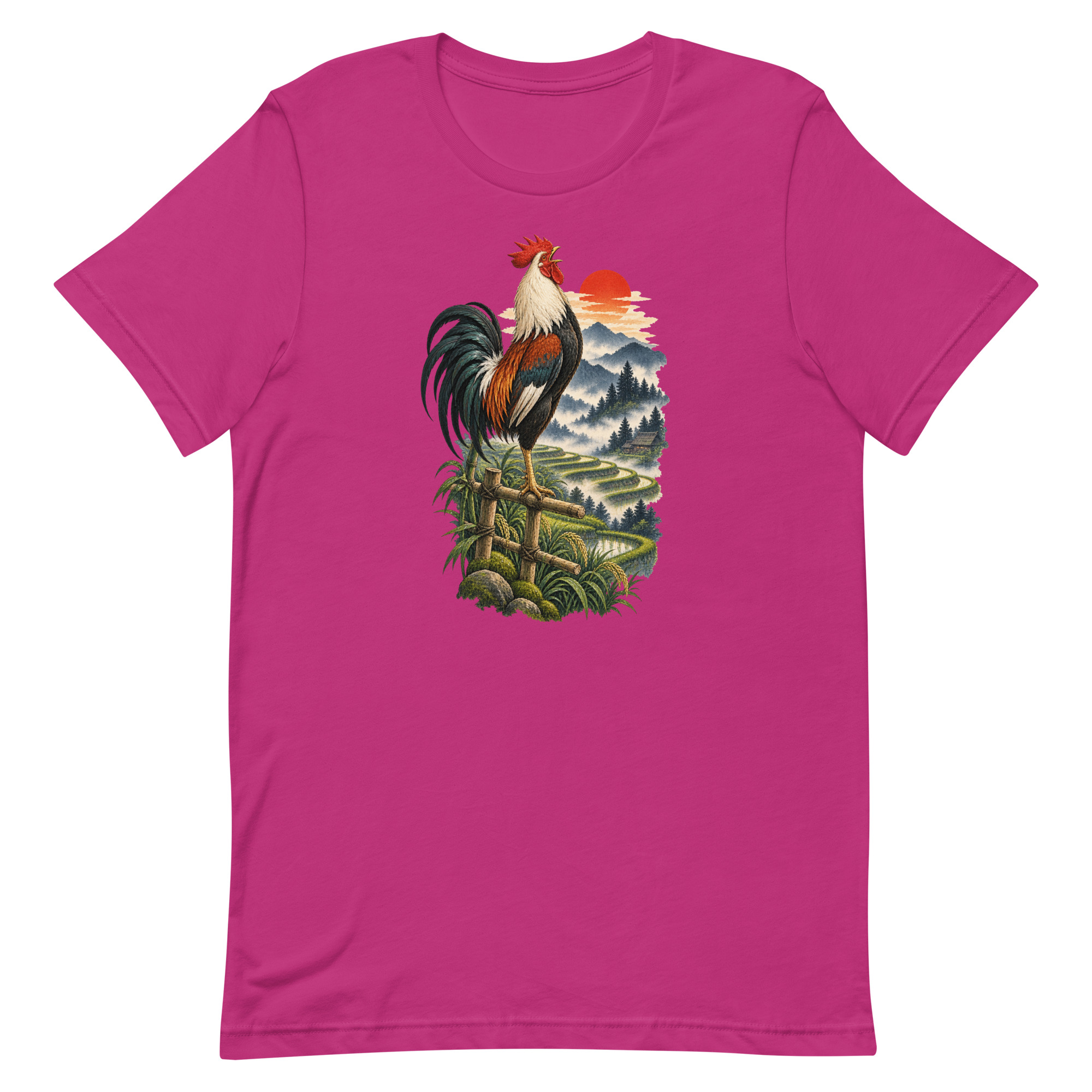 Japanese Rooster Rice Terrace Sunrise Art, Japanese Art Tee, Mythology Gift - Image 6