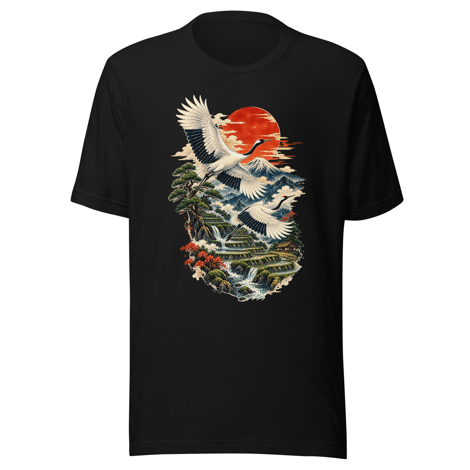 Two Cranes Red Sun Rice Terrace Japanese Art T-Shirt