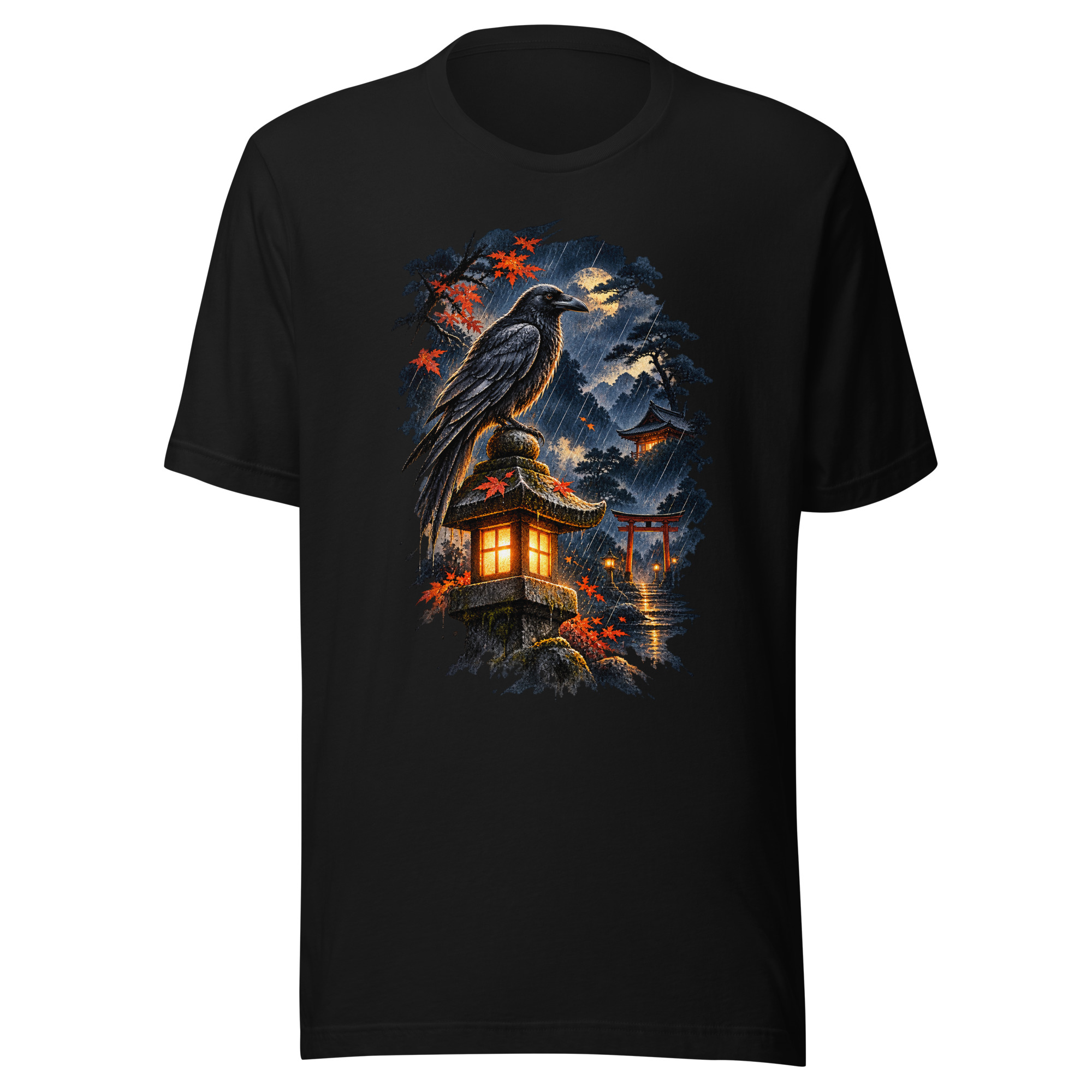 Raven Rain Lantern Shrine Japanese Ink Art T-Shirt