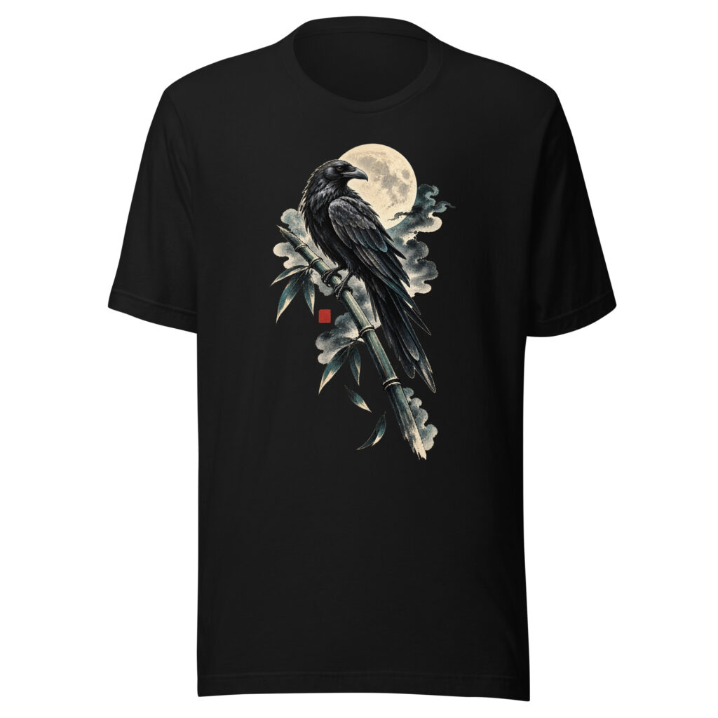 Japanese Crow Bamboo Moon Sumi-e Ink Art T-Shirt