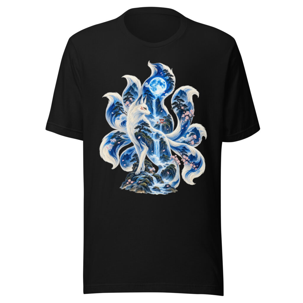 Nine Tailed Fox Blue Moon Waterfall Japanese Yokai T-Shirt