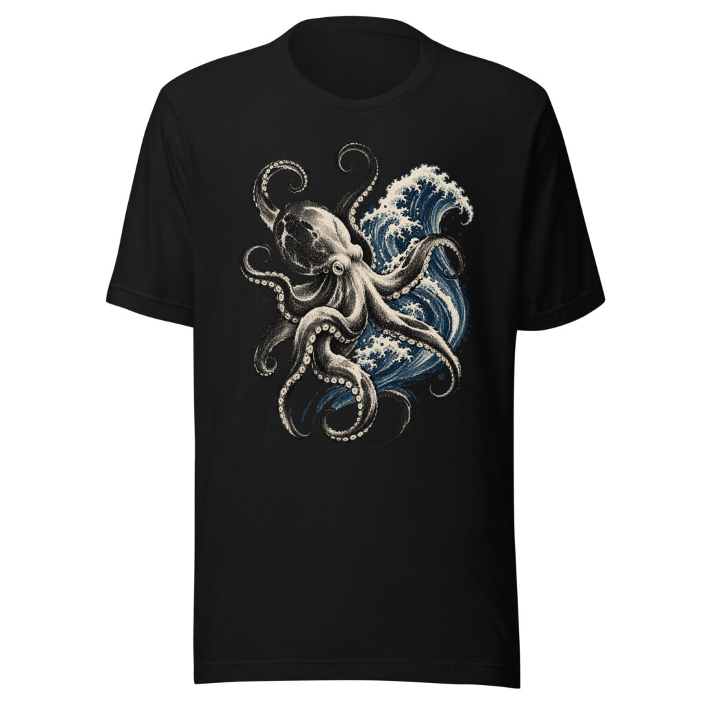 Gyotaku Octopus Great Wave Japanese Ink Art T-Shirt