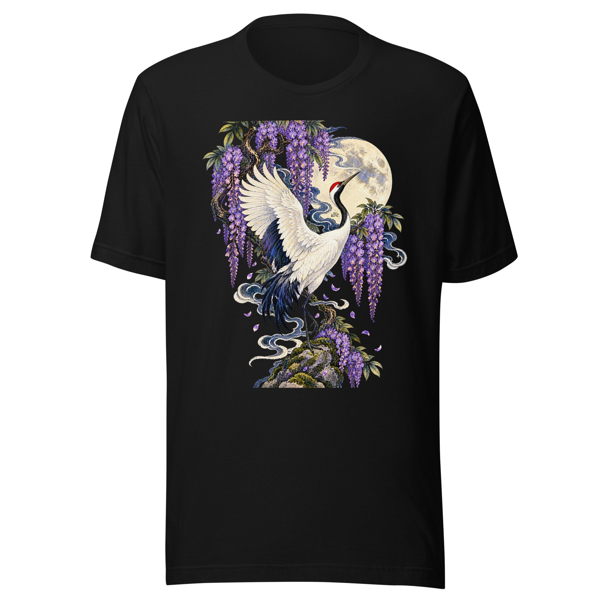 Crane Wisteria Full Moon Japanese Art T-Shirt