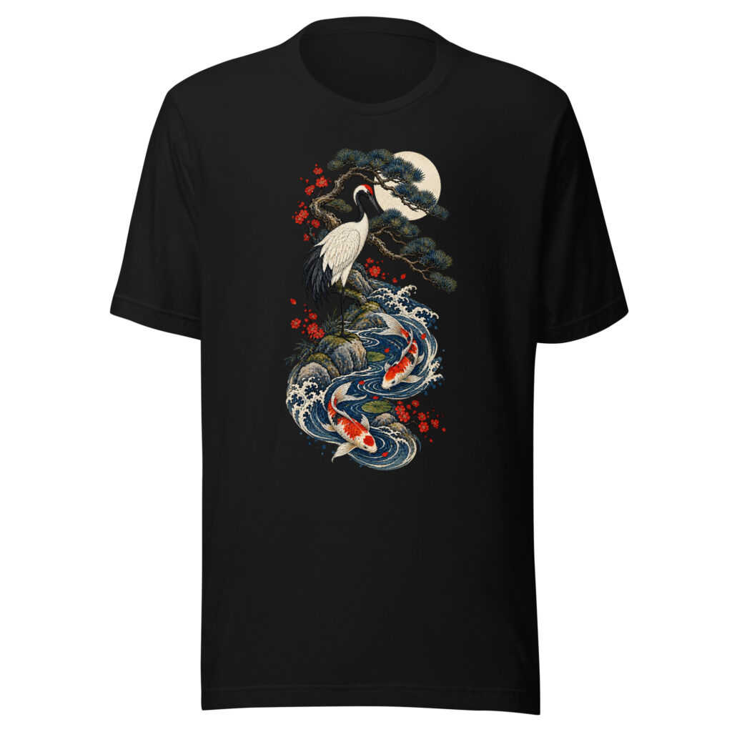 Crane Pine Koi Garden Japanese Woodblock Art T-Shirt
