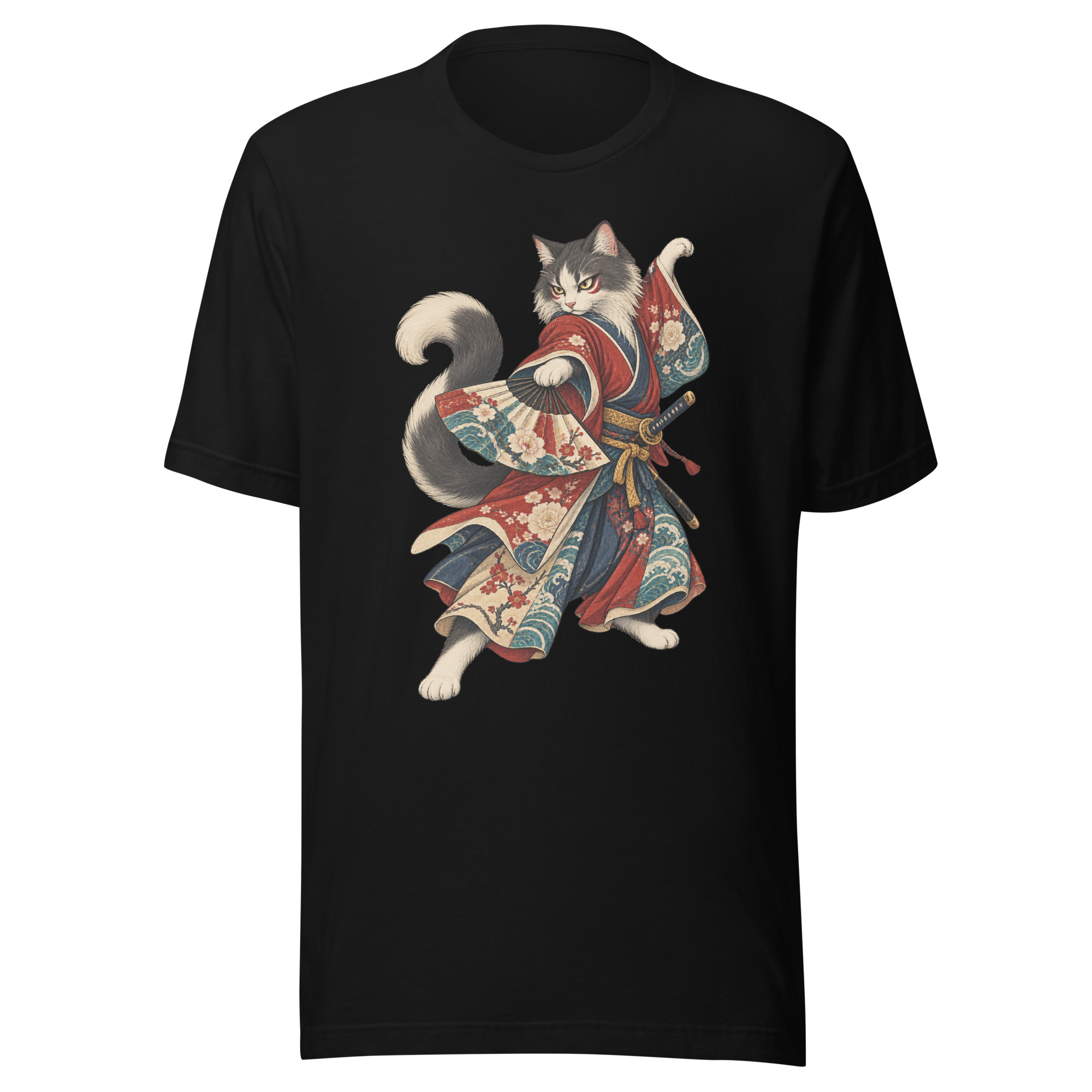 Samurai Cat Kabuki Fan Japanese Warrior Art, Japanese Art Tee, Mythology Gift
