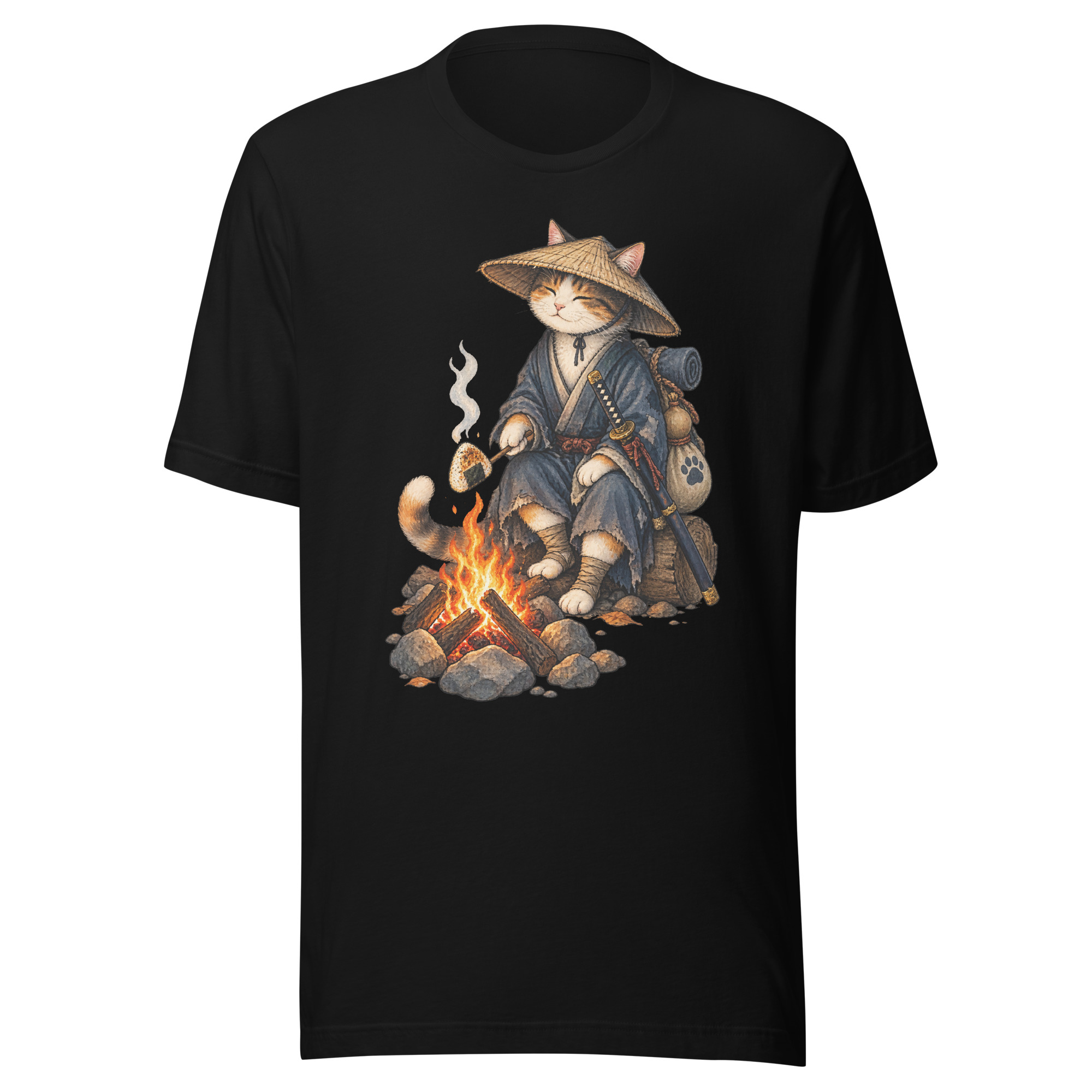 Samurai Cat Onigiri Campfire Japanese Art, Japanese Art Tee, Mythology Gift