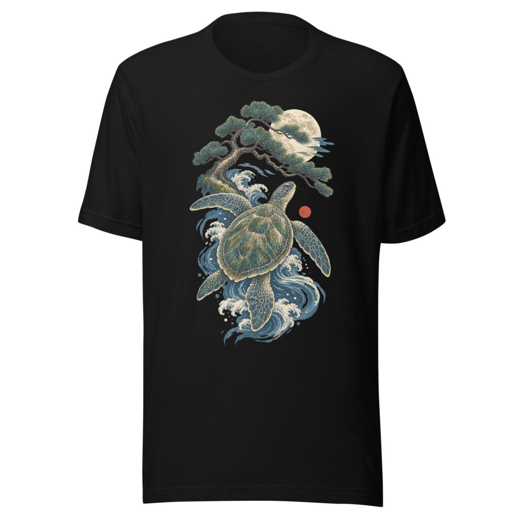 Ancient Sea Turtle Pine Moon Japanese Art, Japanese Art Tee, Mythology Gift