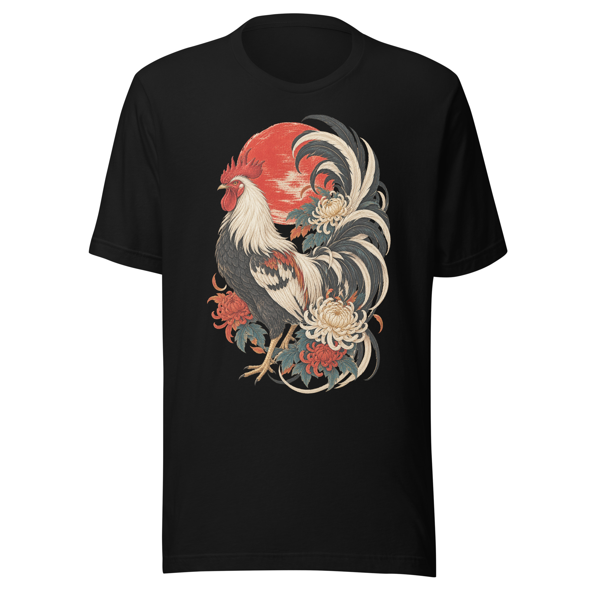 Japanese Rooster Red Sun Chrysanthemum Art, Japanese Art Tee, Mythology Gift