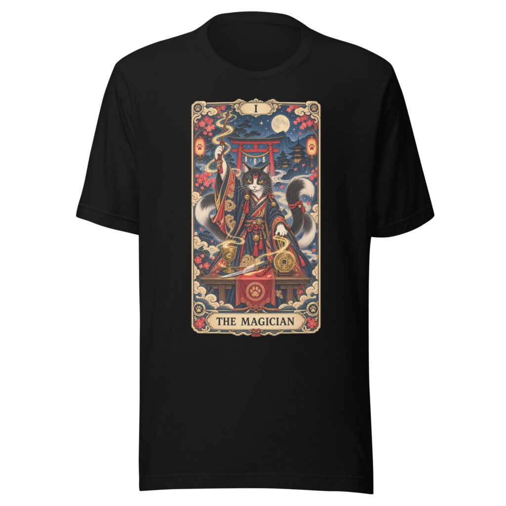 The Magician Bakeneko Cat Tarot Japanese Yokai Art, Japanese Art Tee, Mythology Gift