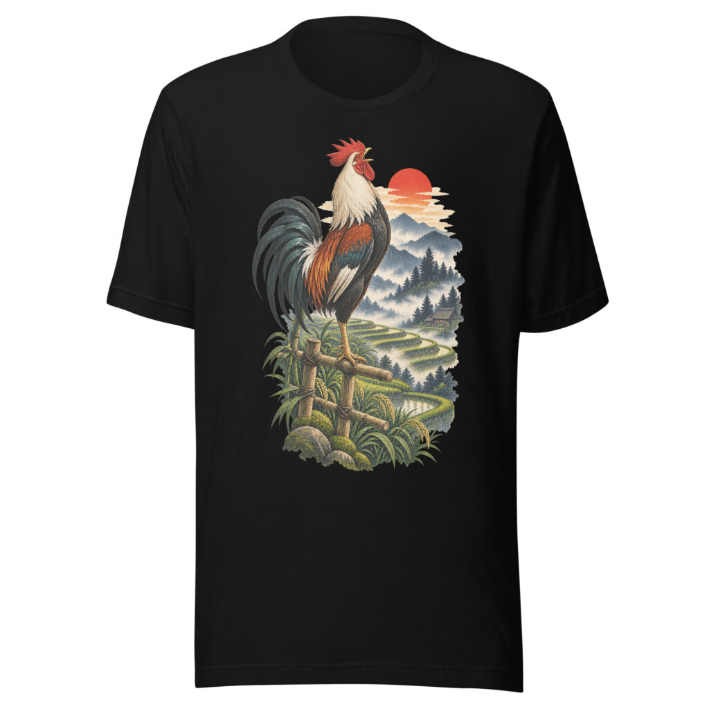 Japanese Rooster Rice Terrace Sunrise Art, Japanese Art Tee, Mythology Gift