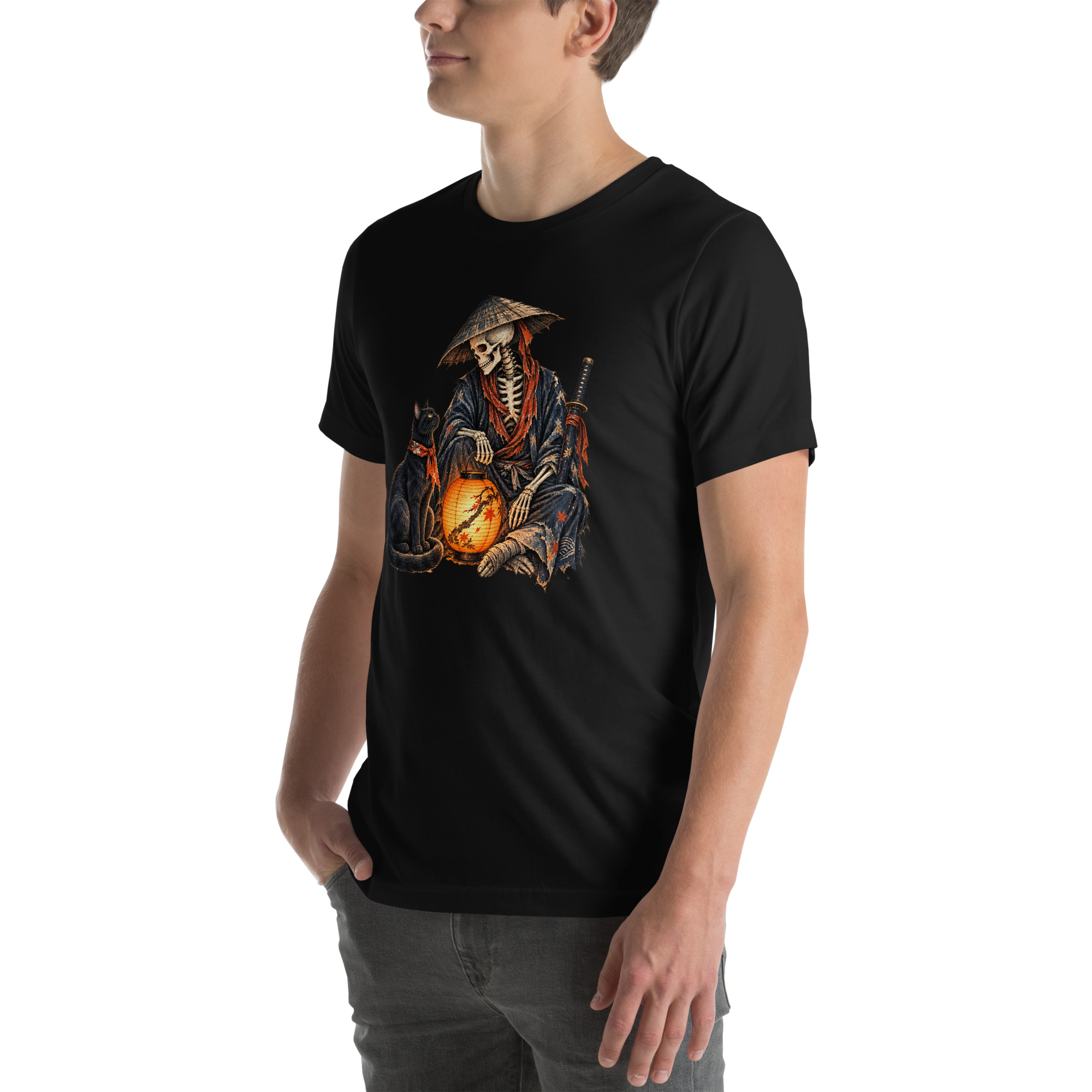 Black Cat Skeleton Lantern Japanese Folklore T-Shirt - Image 4