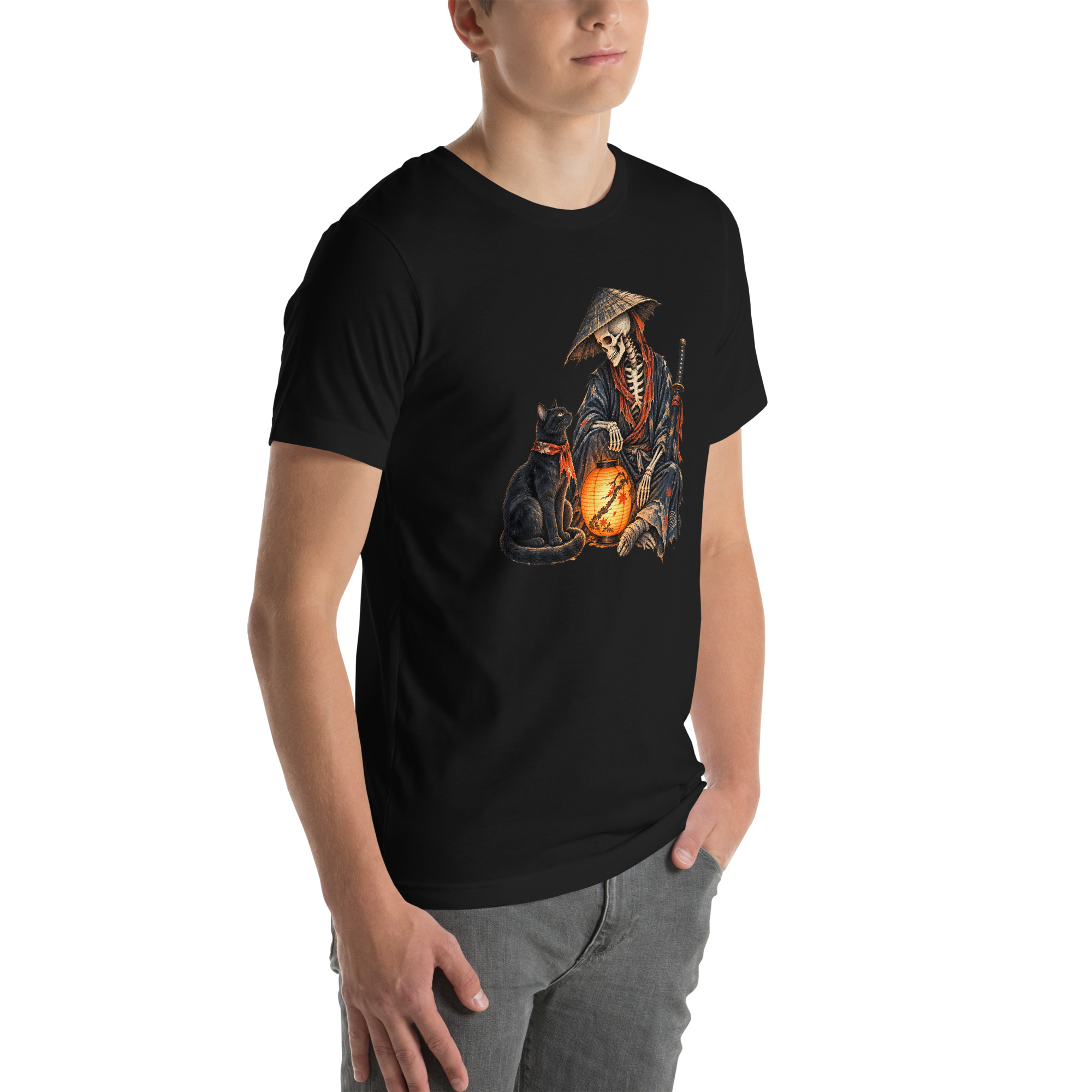 Black Cat Skeleton Lantern Japanese Folklore T-Shirt - Image 6