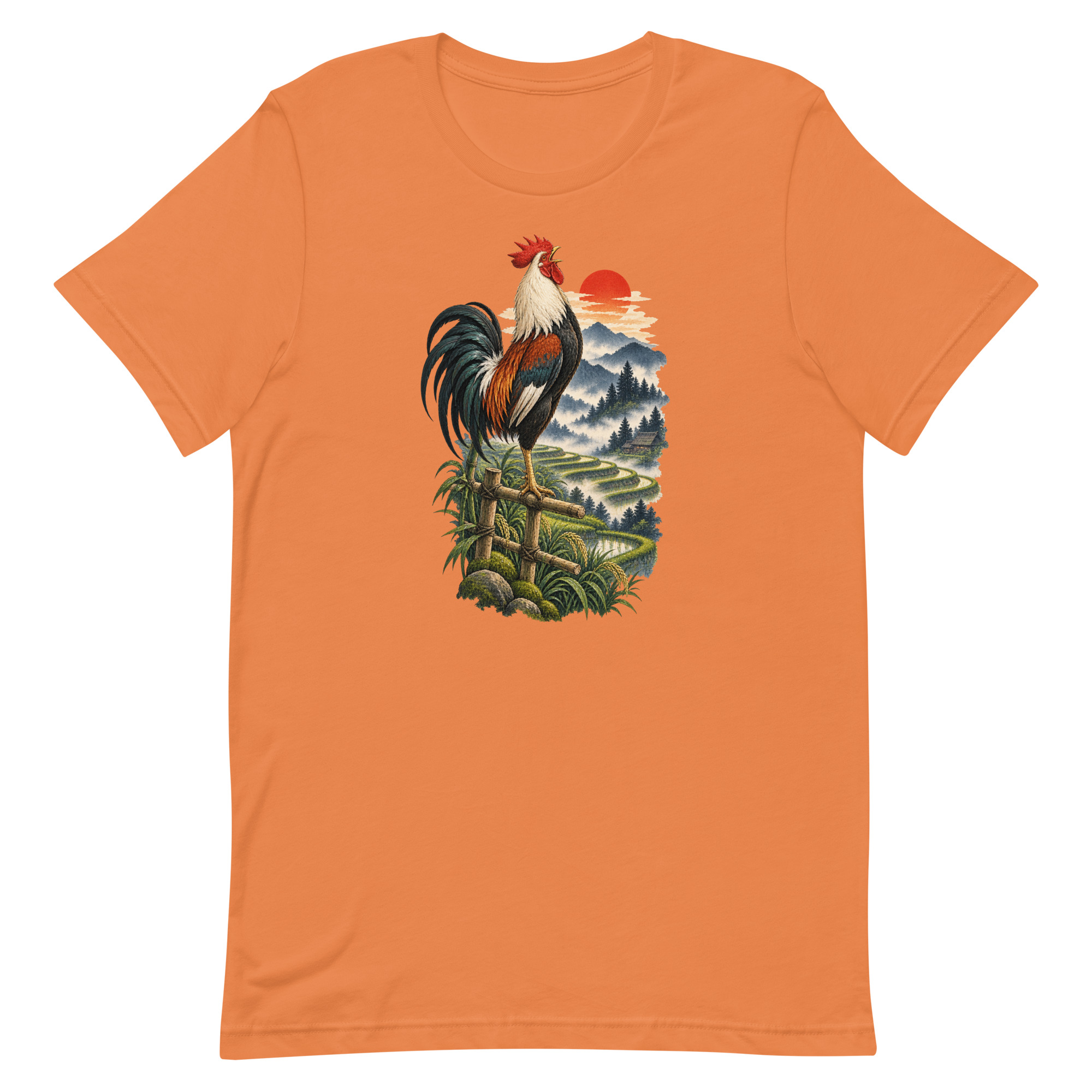 Japanese Rooster Rice Terrace Sunrise Art, Japanese Art Tee, Mythology Gift - Image 9