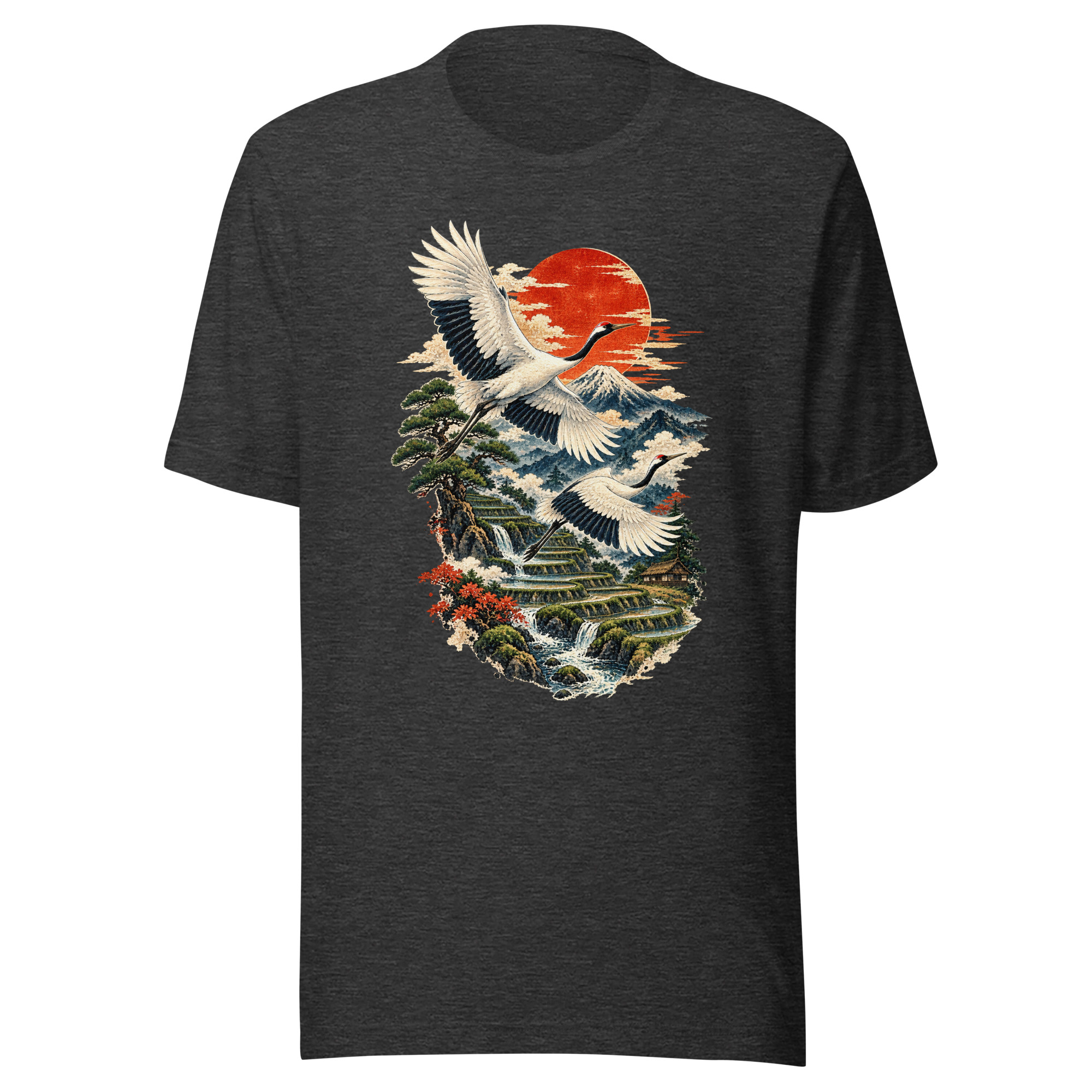 Two Cranes Red Sun Rice Terrace Japanese Art T-Shirt - Image 3