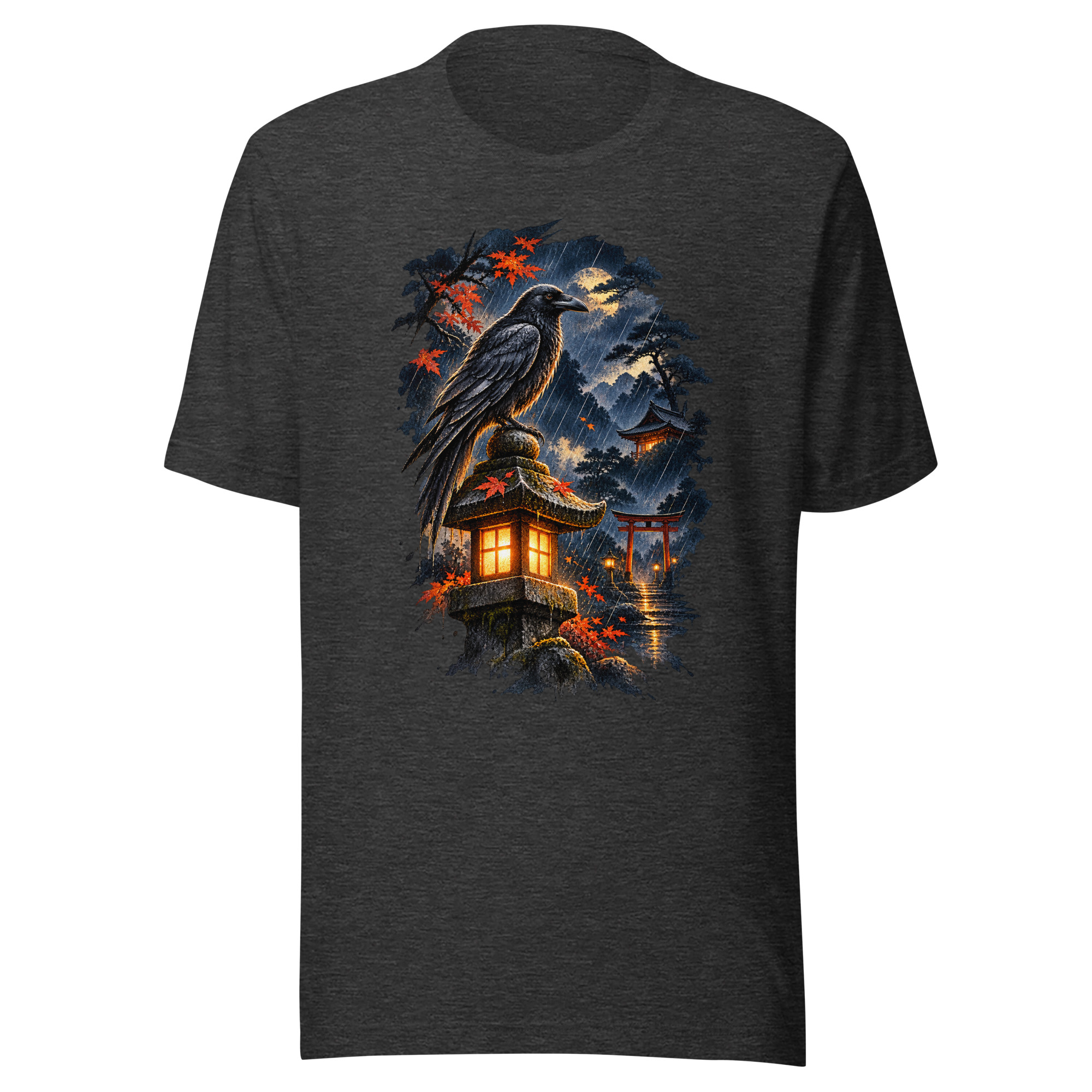 Raven Rain Lantern Shrine Japanese Ink Art T-Shirt - Image 3
