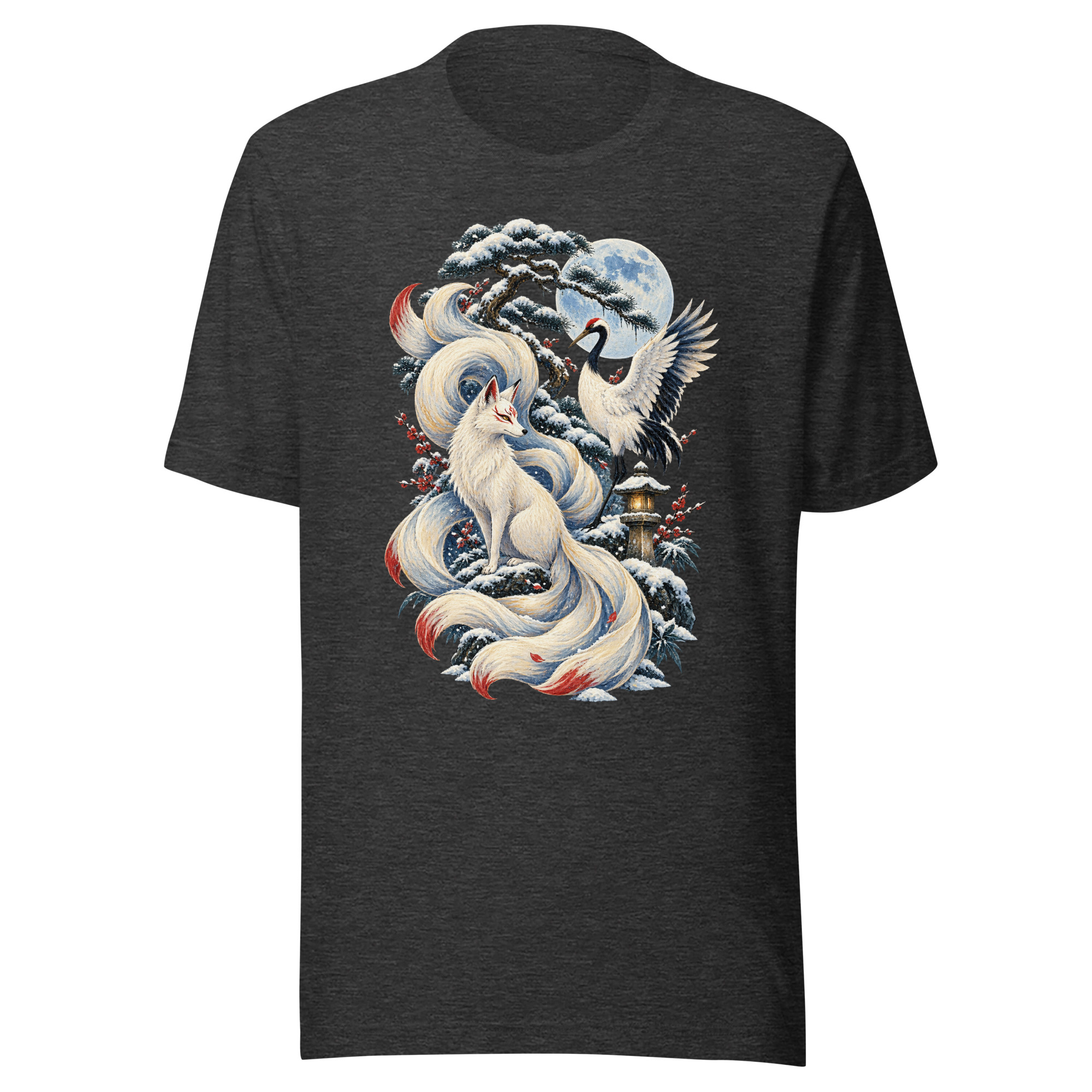 Kitsune Winter Crane Garden Japanese Folklore T-Shirt - Image 3