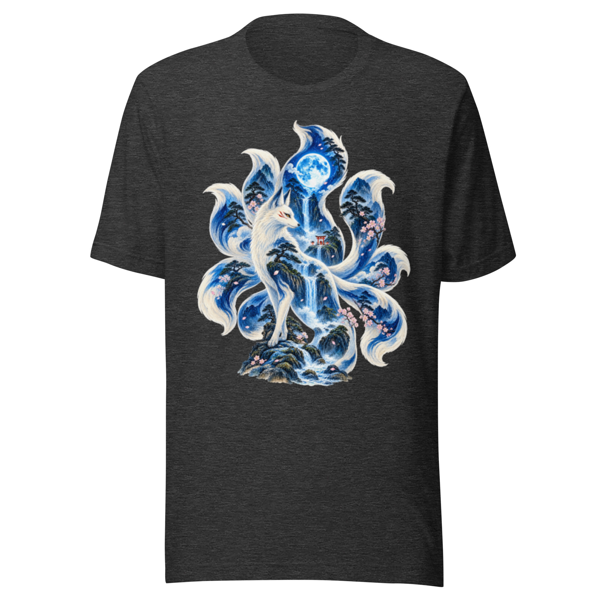 Nine Tailed Fox Blue Moon Waterfall Japanese Yokai T-Shirt - Image 3