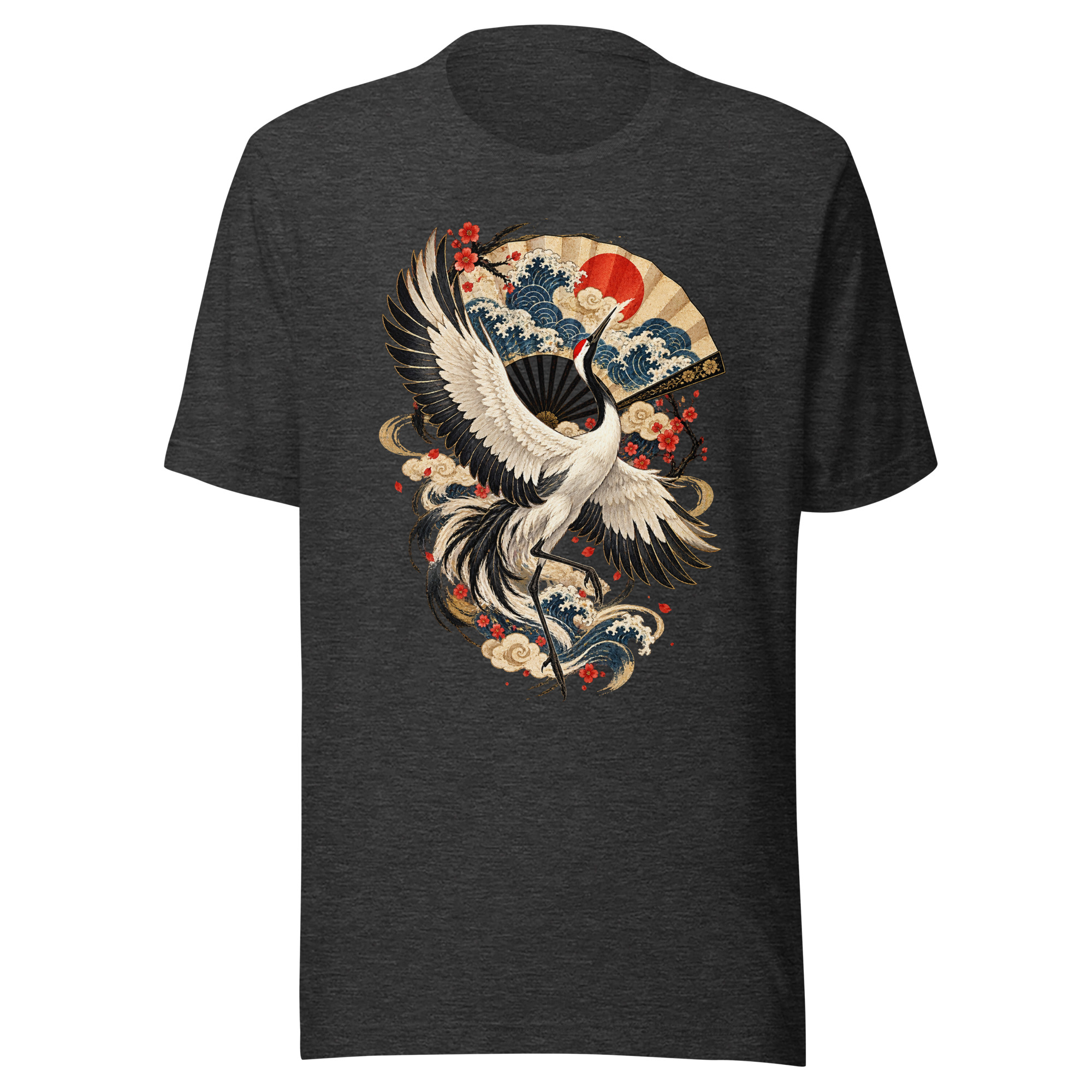 Crane Folding Fan Dance Japanese Woodblock Art T-Shirt - Image 3
