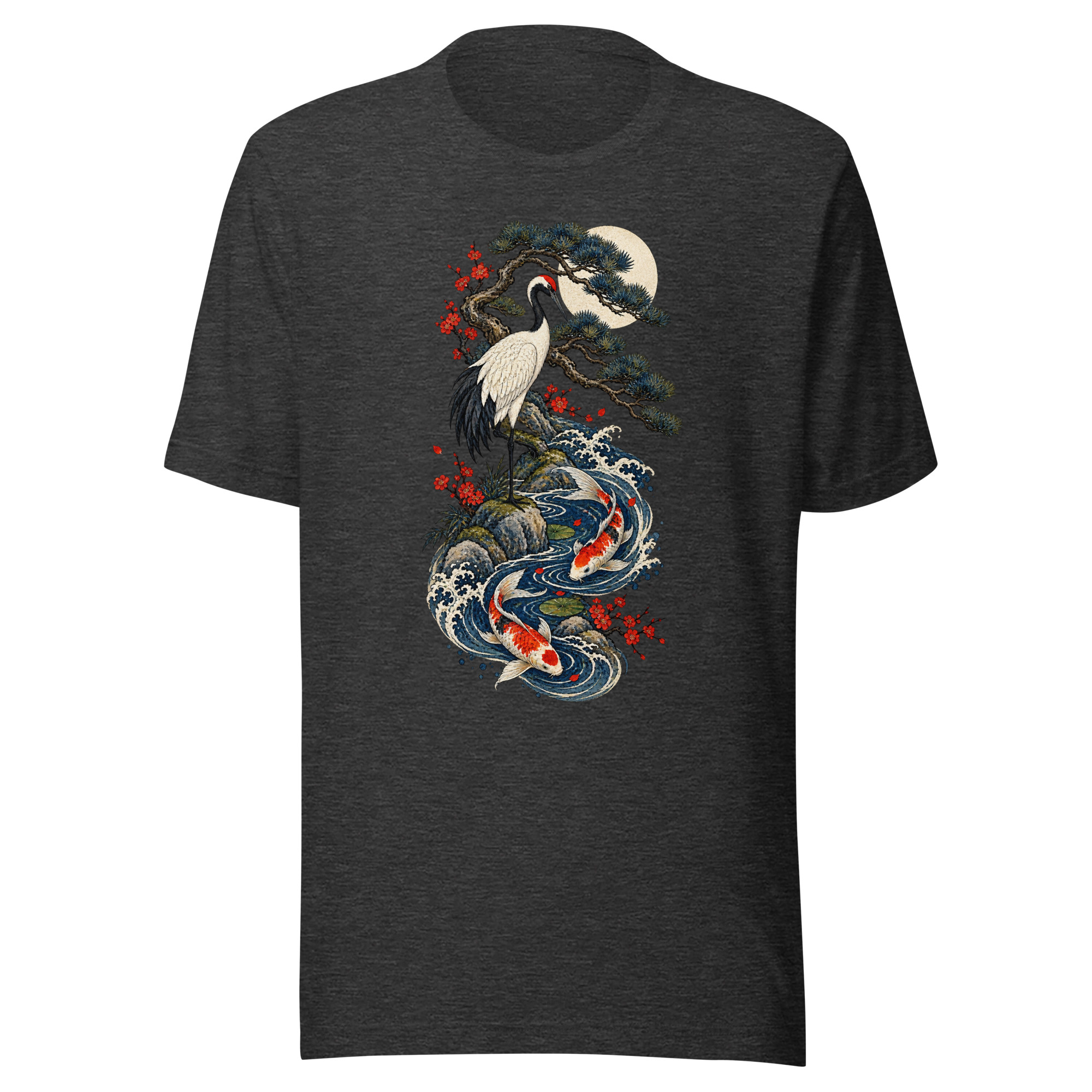 Crane Pine Koi Garden Japanese Woodblock Art T-Shirt - Image 3
