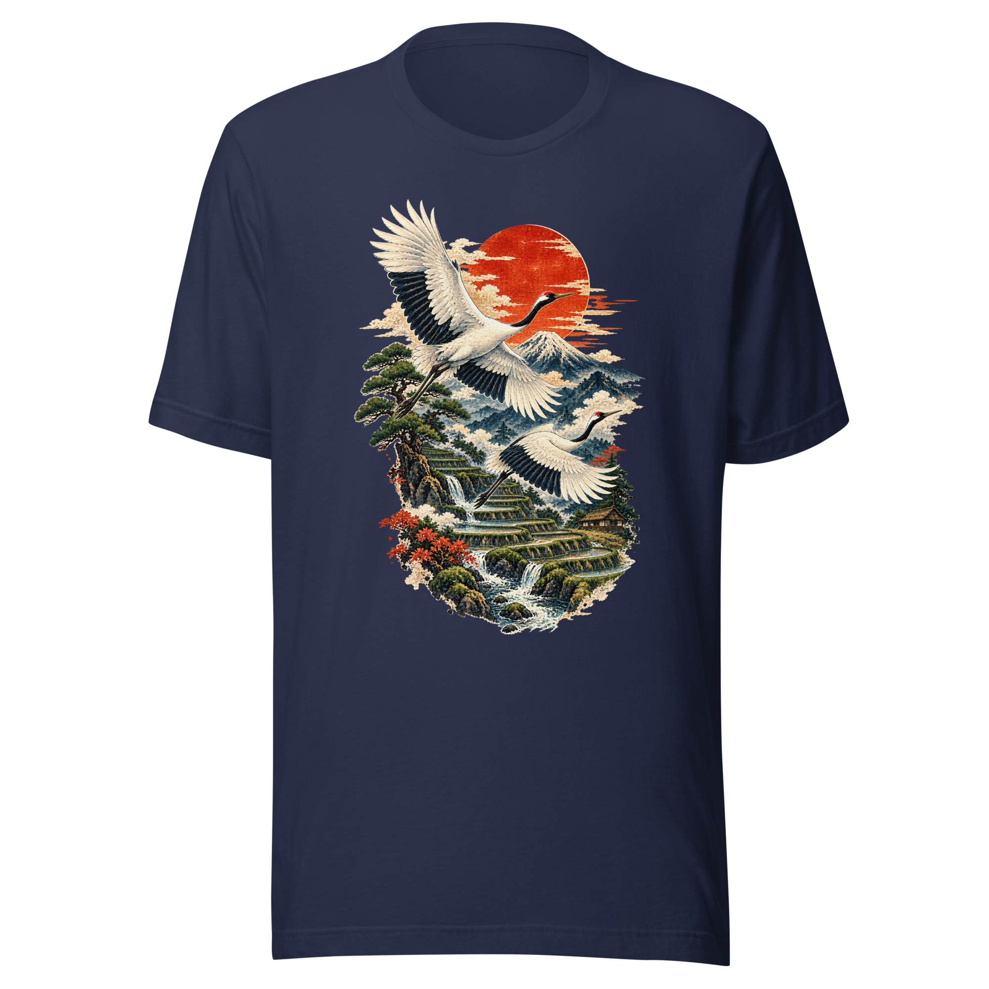 Two Cranes Red Sun Rice Terrace Japanese Art T-Shirt - Image 2