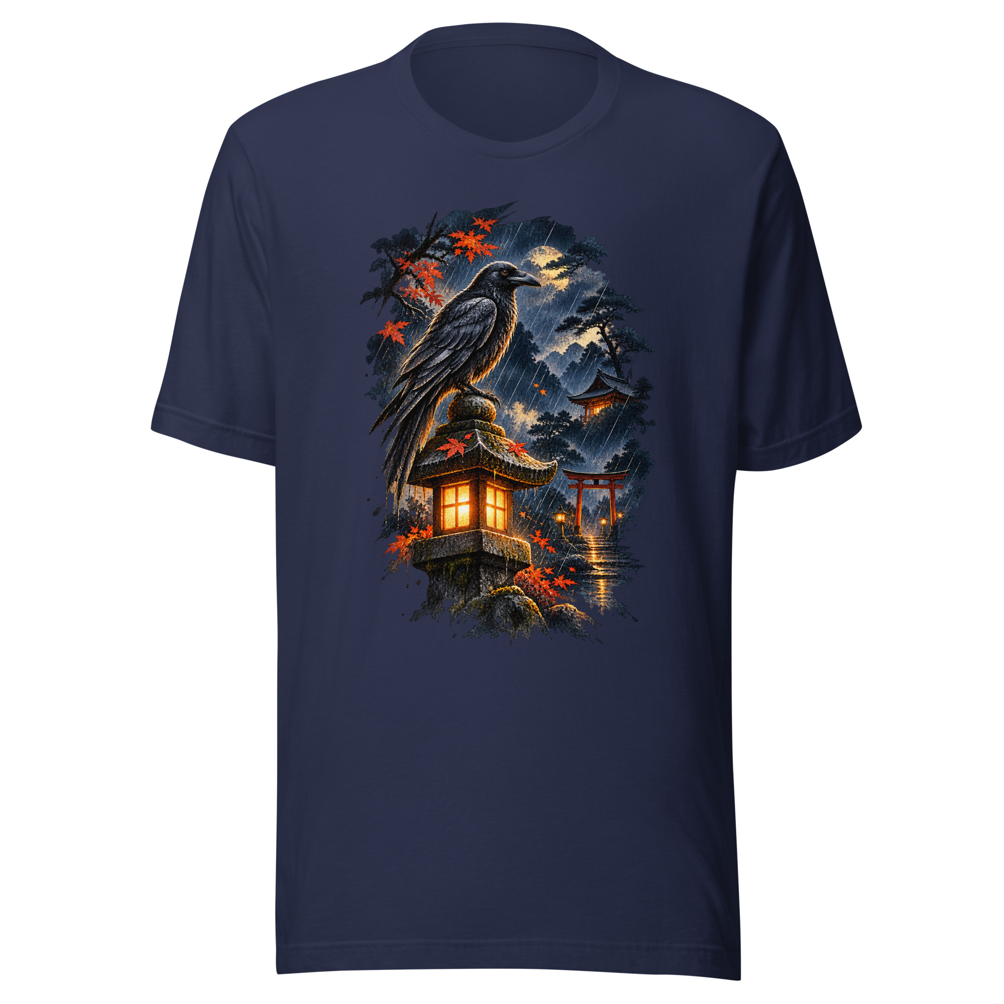 Raven Rain Lantern Shrine Japanese Ink Art T-Shirt - Image 2