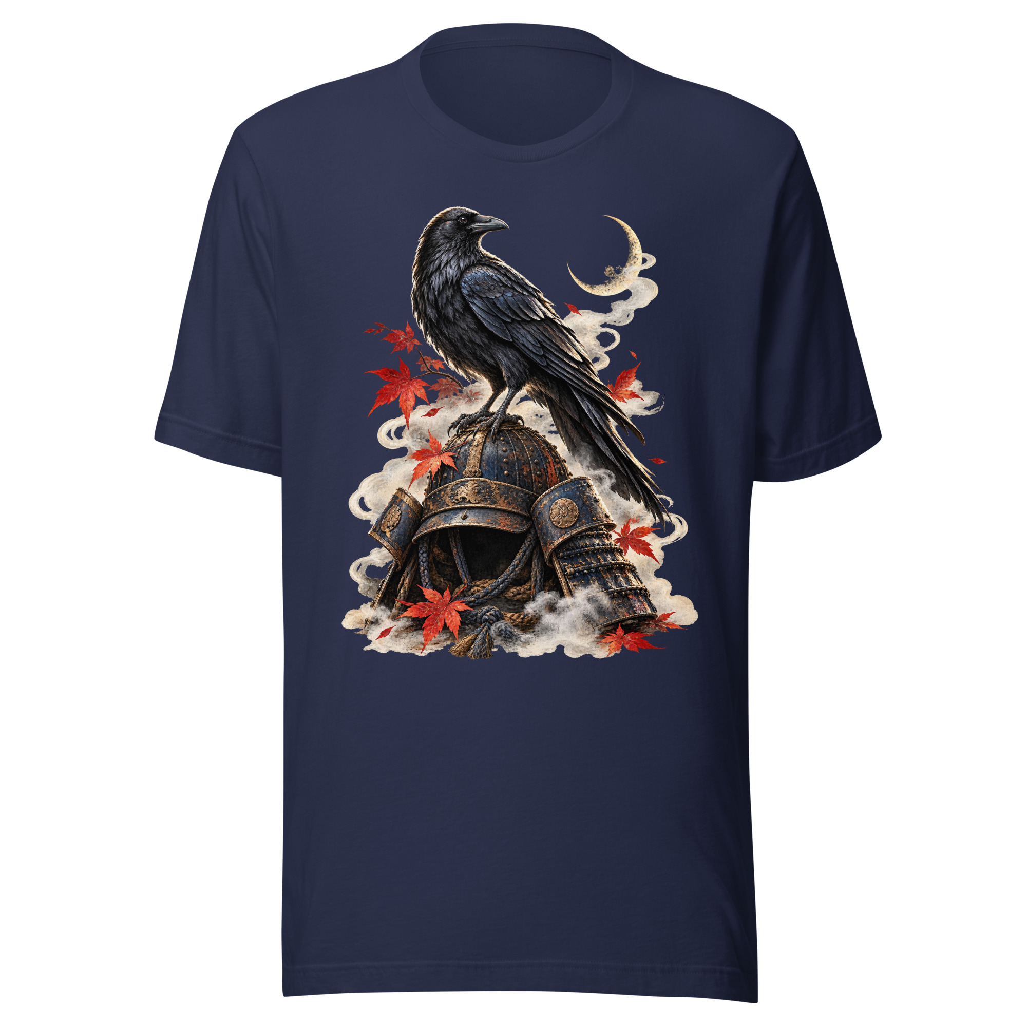 Raven Samurai Helmet Japanese Warrior Bird Art T-Shirt - Image 2