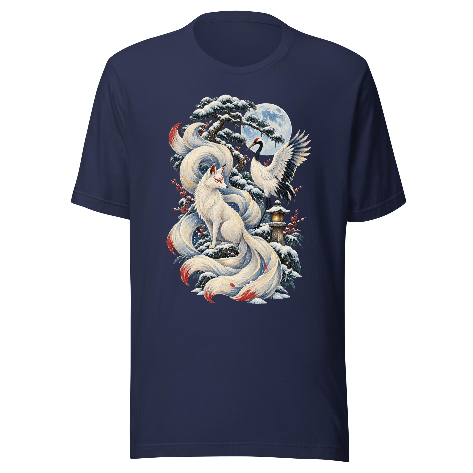 Kitsune Winter Crane Garden Japanese Folklore T-Shirt - Image 2