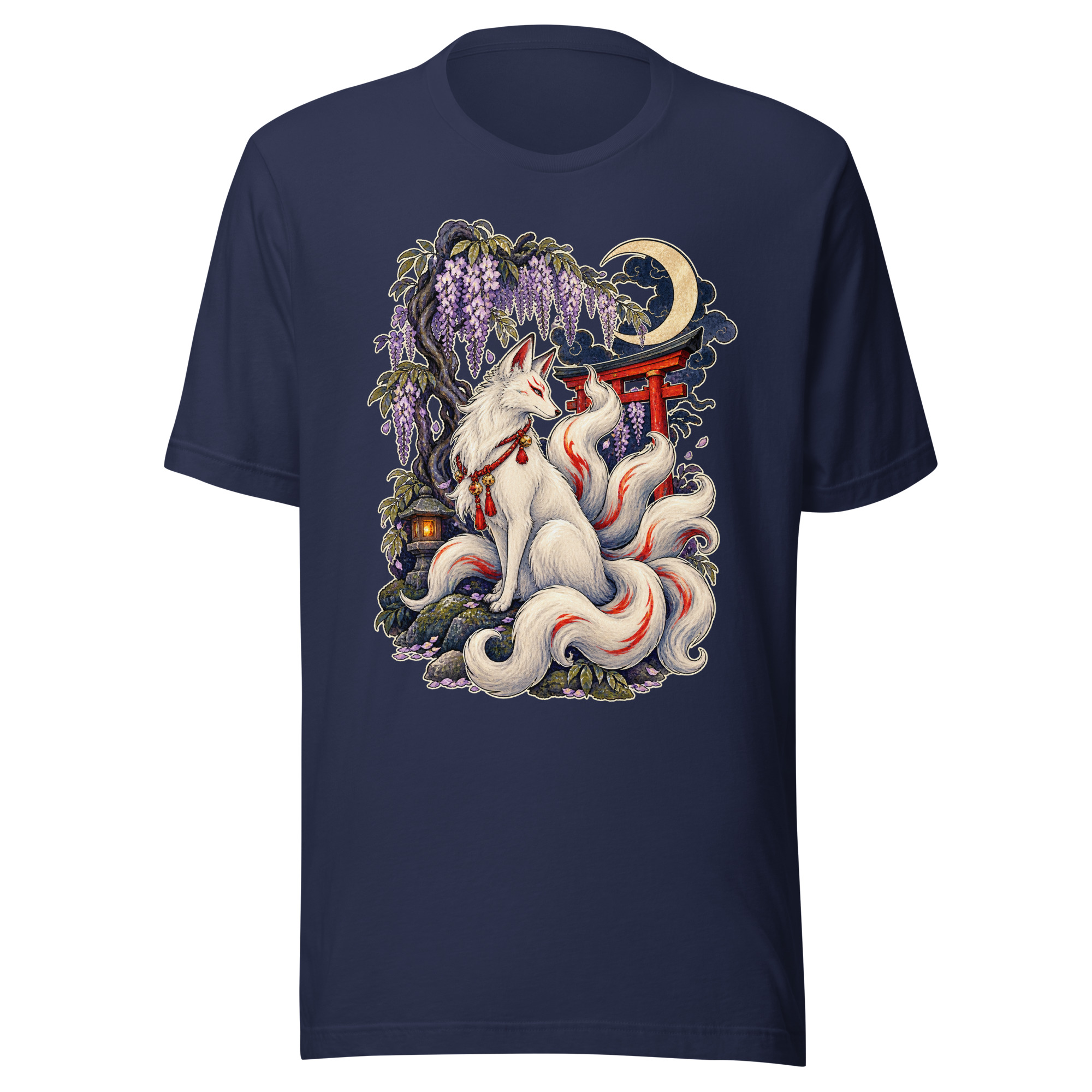 White Kitsune Wisteria Shrine Japanese Fox Spirit T-Shirt - Image 2