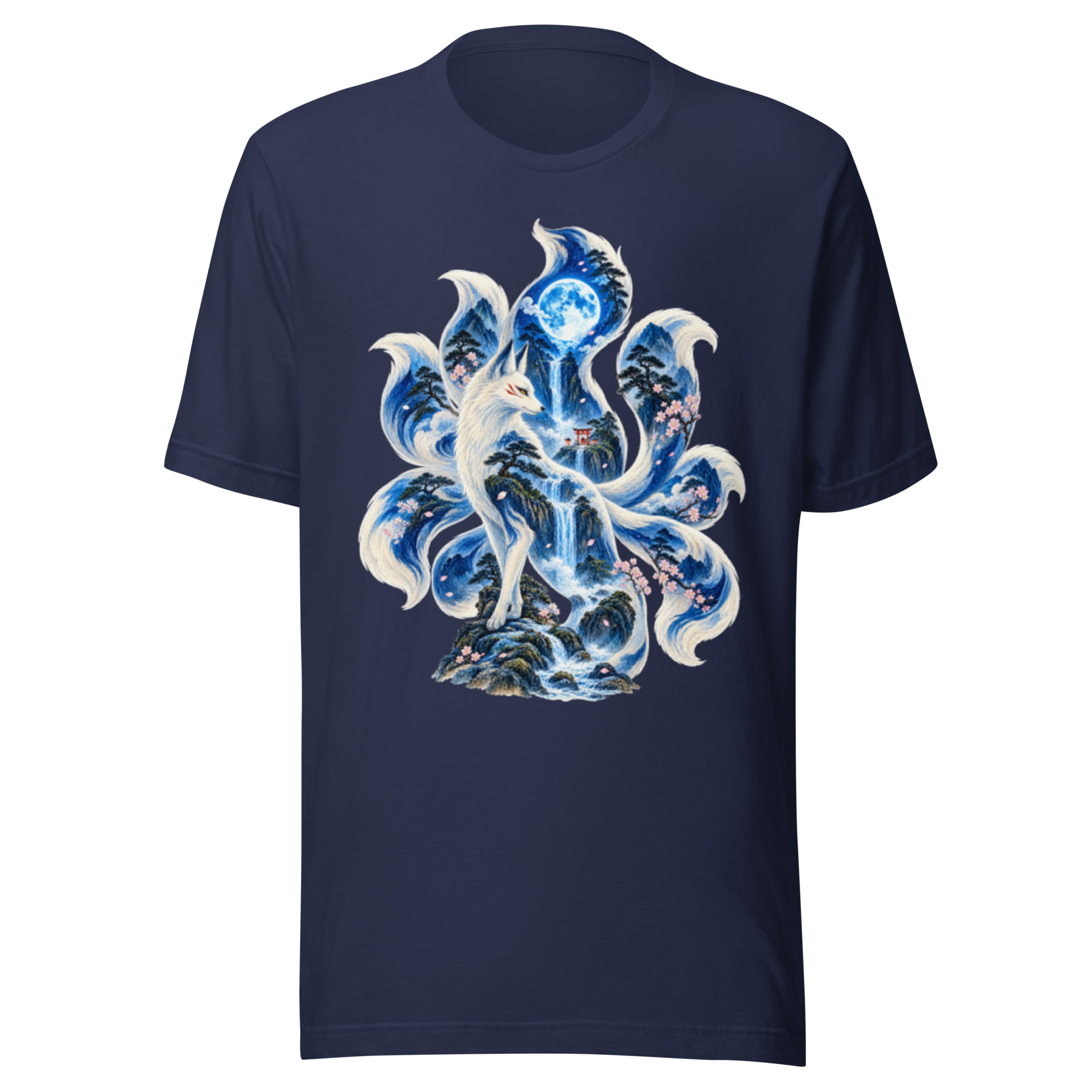 Nine Tailed Fox Blue Moon Waterfall Japanese Yokai T-Shirt - Image 2
