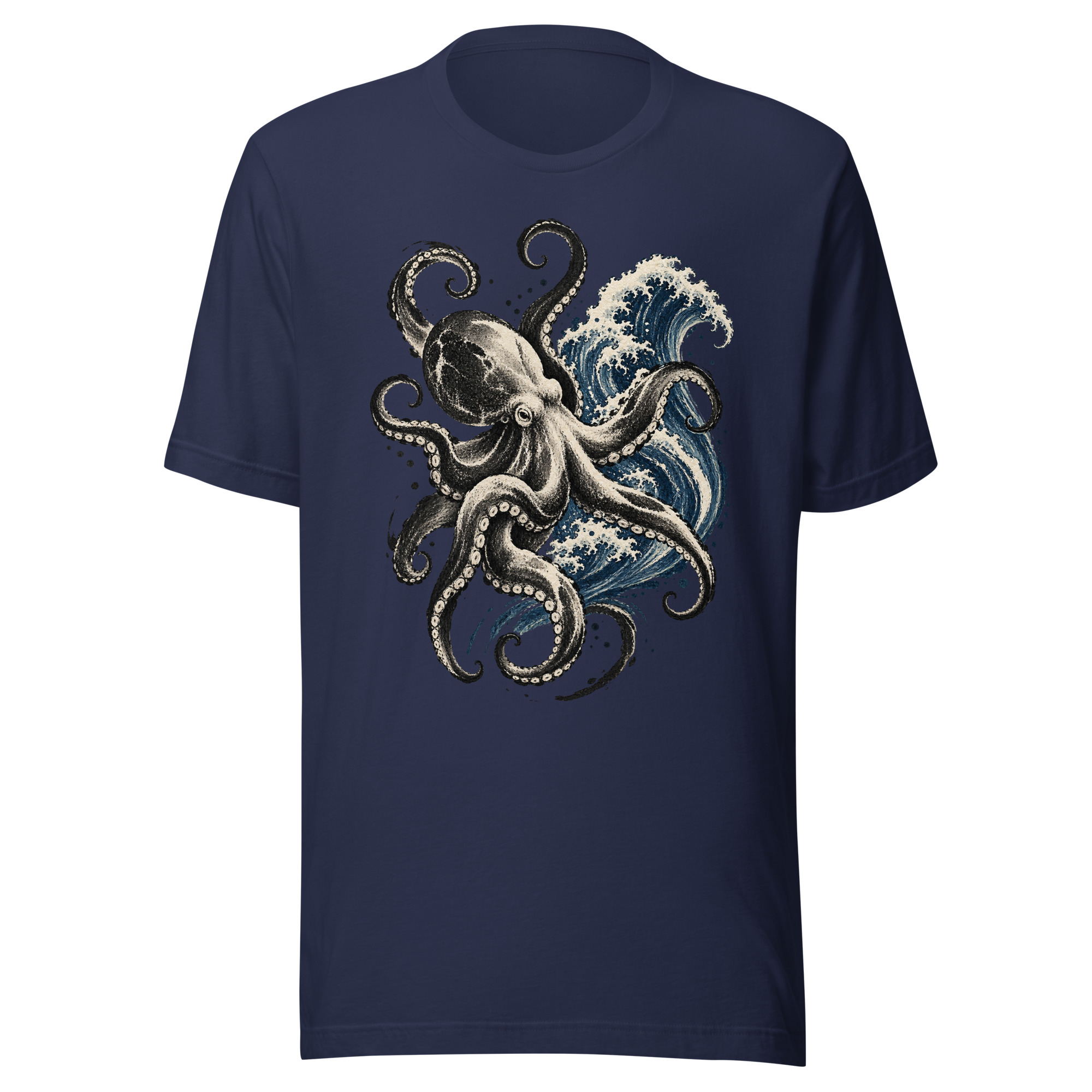 Gyotaku Octopus Great Wave Japanese Ink Art T-Shirt - Image 2