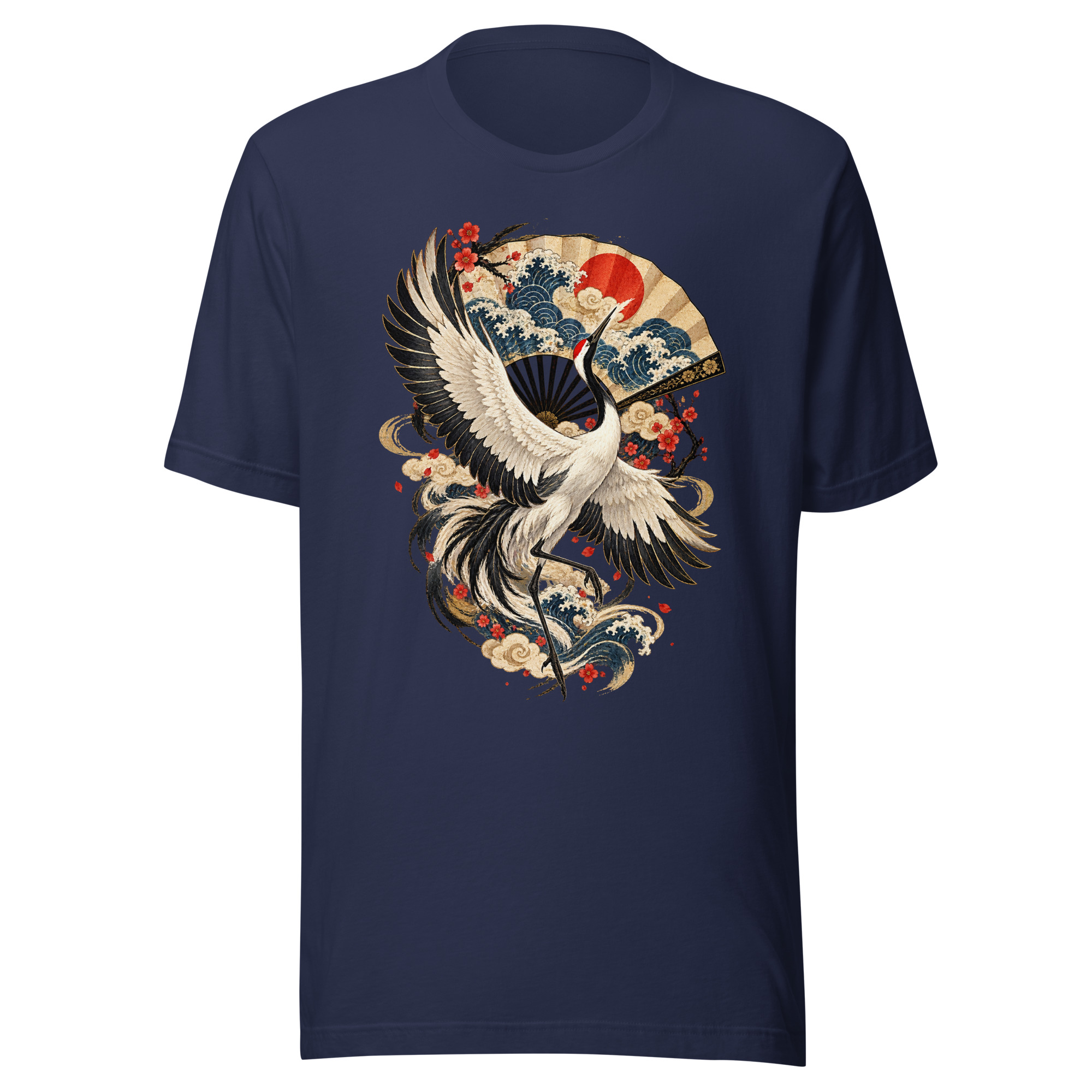 Crane Folding Fan Dance Japanese Woodblock Art T-Shirt - Image 2